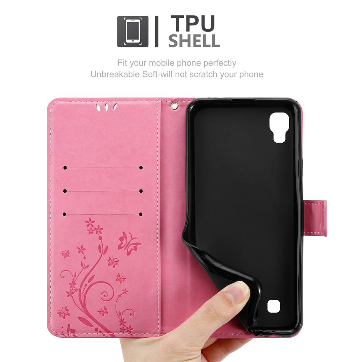 Custodia a portafoglio rosa, aperta, con un telefono all'interno. La custodia è realizzata in TPU e presenta un motivo floreale e scomparti per carte.