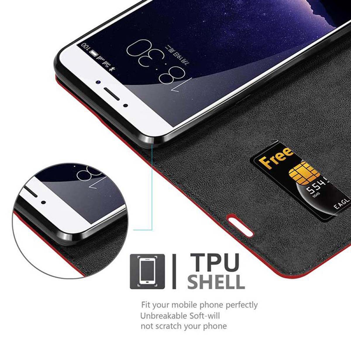 Telefon in schwarzem Gehäuse mit rotem Rand, SIM-Karte sichtbar. TPU SHELL.
