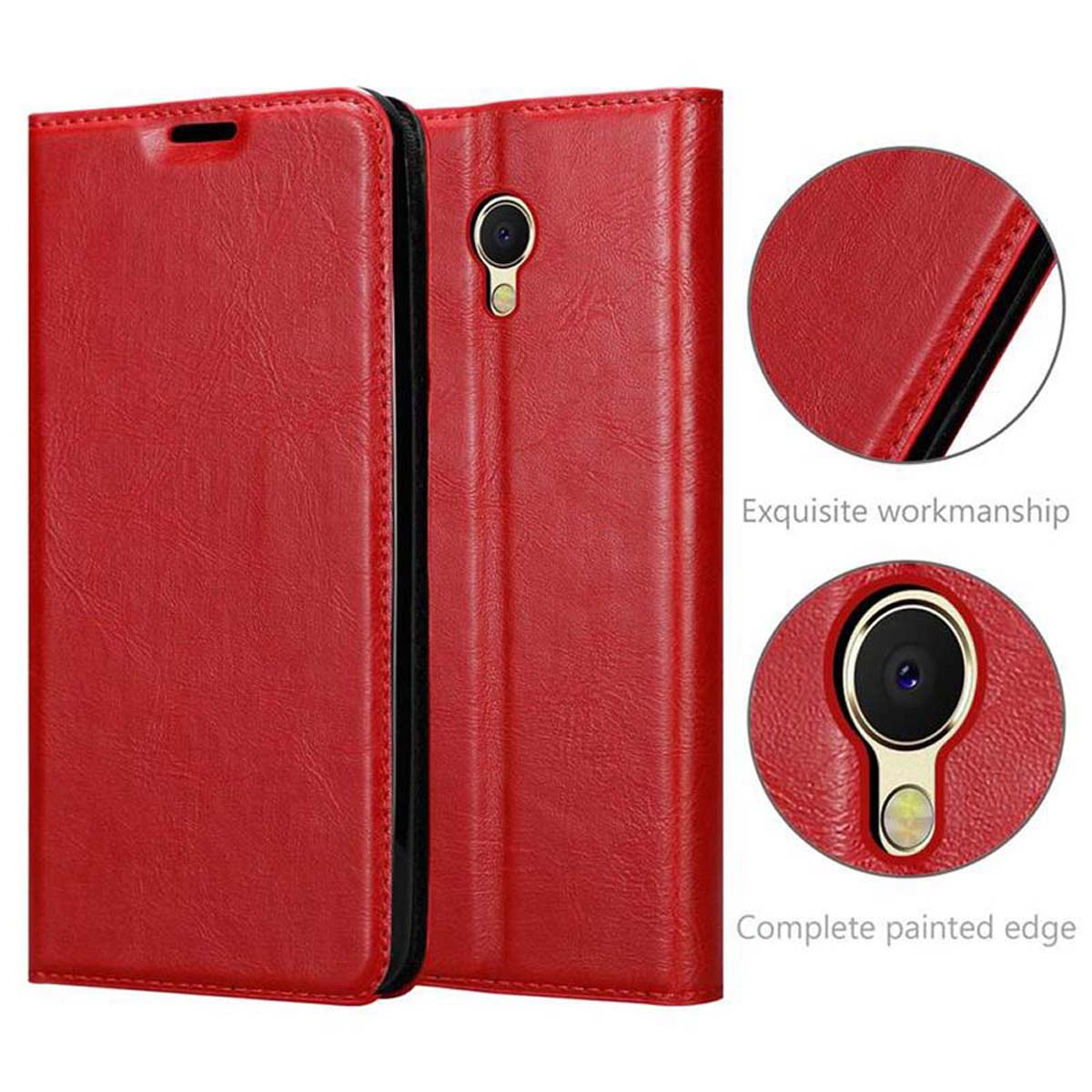 Rote Leder-Handyhülle, mit Nähten und Details. Enthält Nahaufnahmen von Verarbeitung und Kante.