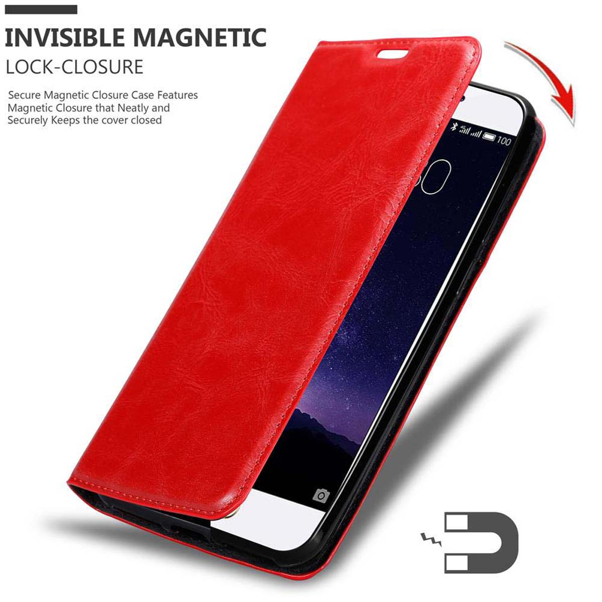 Rote Leder-Handyhülle offen, zeigt ein Telefon. Die Hülle hat einen Magnetverschluss.