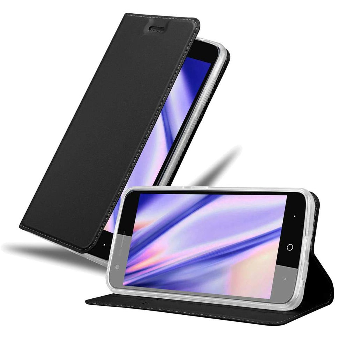 Funda de teléfono negra, abierta. Teléfono dentro. Textura similar al cuero.