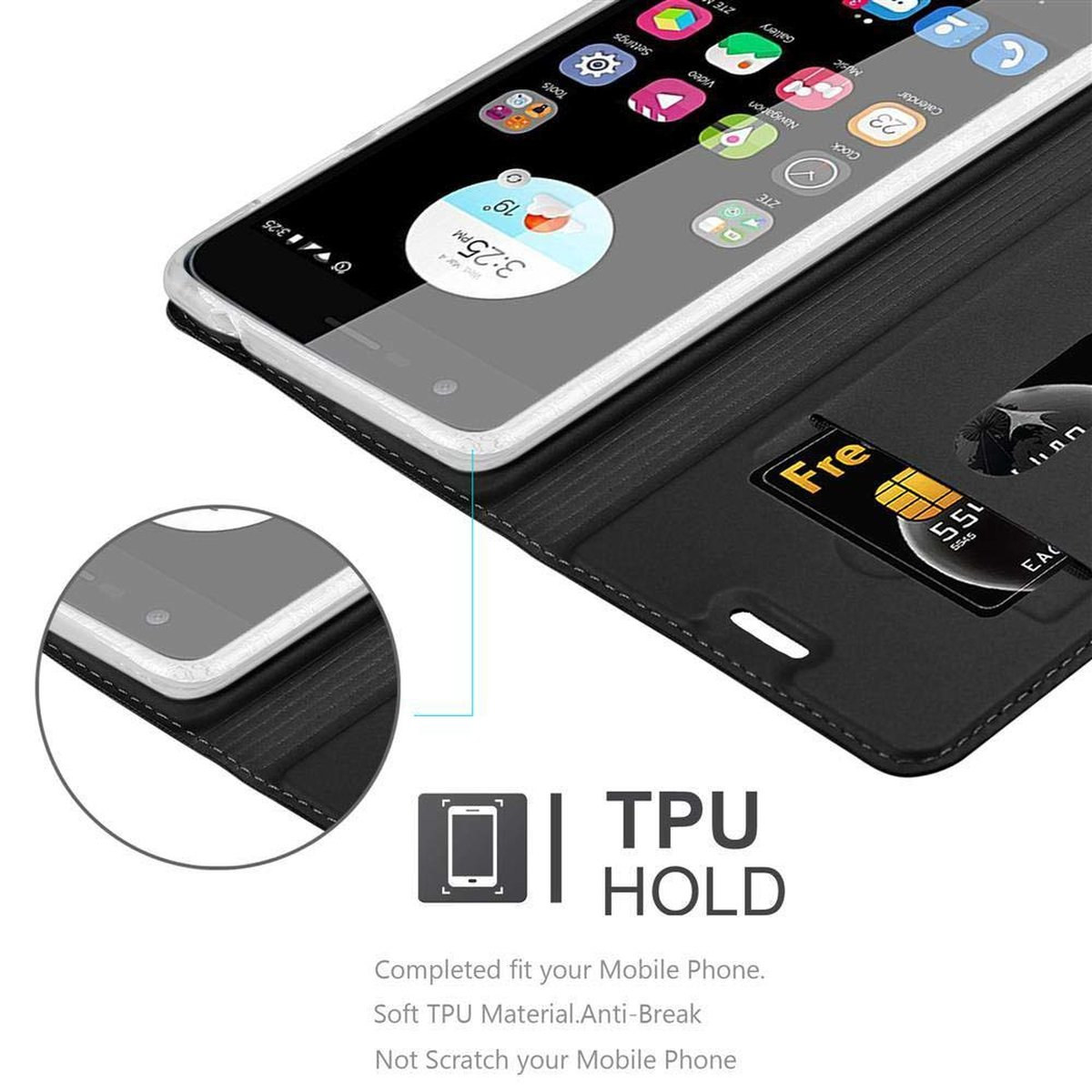 Un teléfono inteligente dentro de una funda negra está abierto. La pantalla muestra la pantalla de inicio.