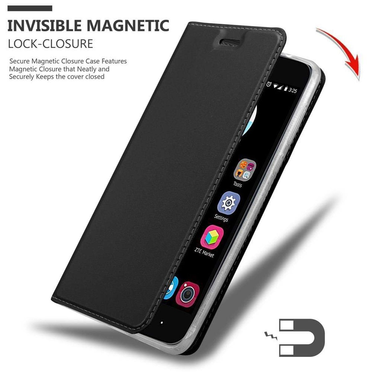 Funda negra para teléfono, cerrada y abierta. Muestra un teléfono con iconos y un gráfico de cierre magnético.