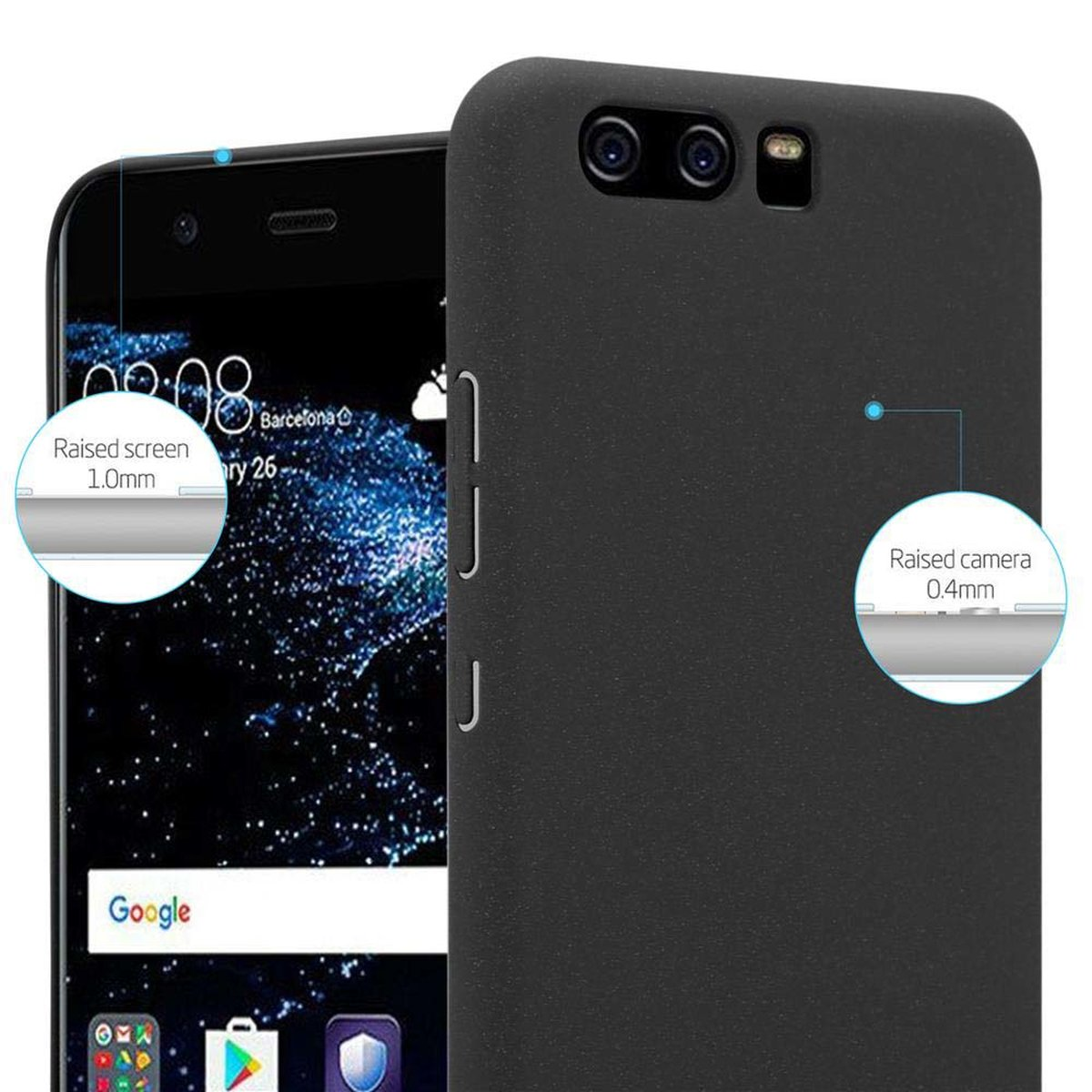 Schwarze Handyhülle mit Telefon. Nahaufnahme zeigt Kamera- und Bildschirmdetails.