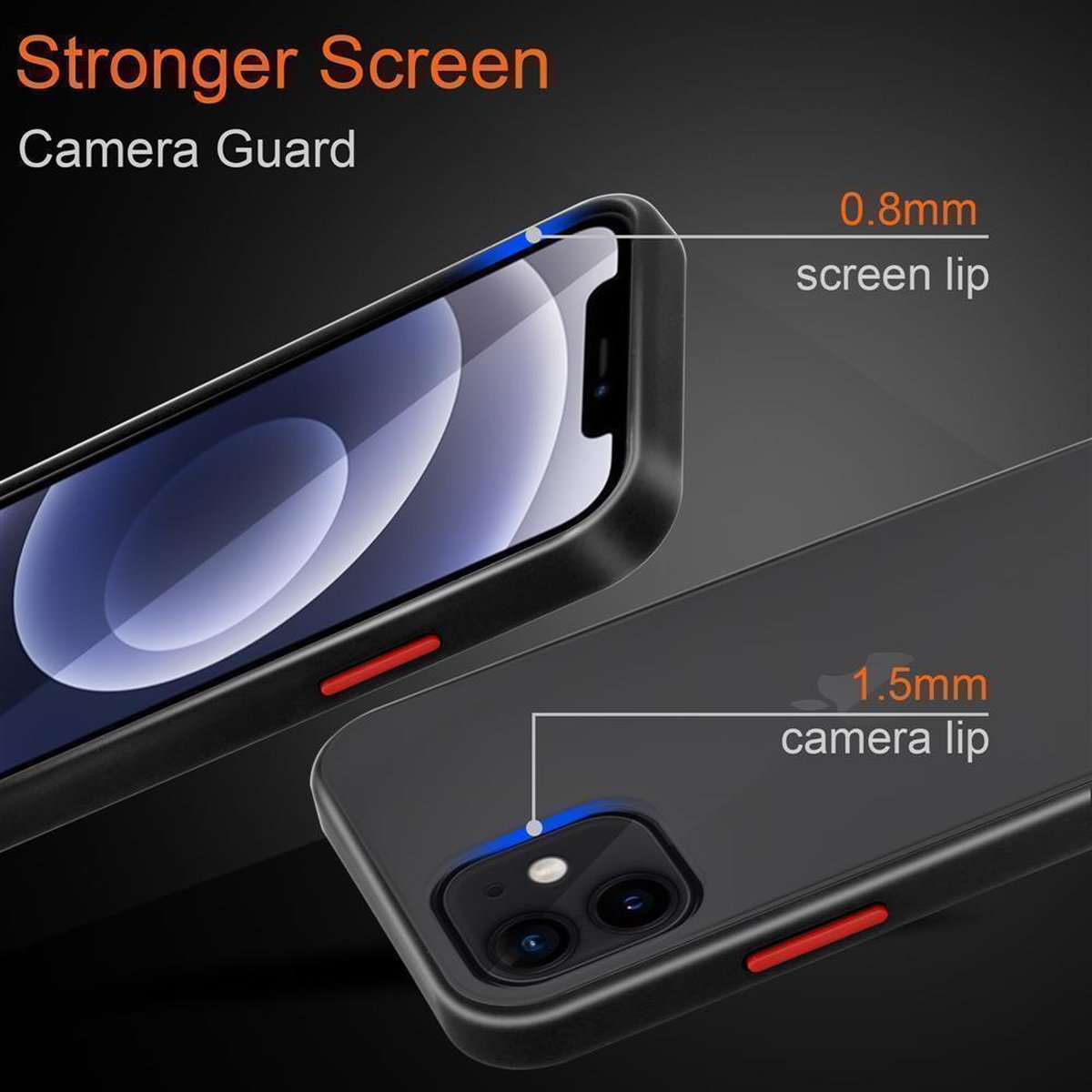 Custodie per telefono con dettagli neri e blu. Presenta un bordo schermo da 0,8 mm e uno fotocamera da 1,5 mm.