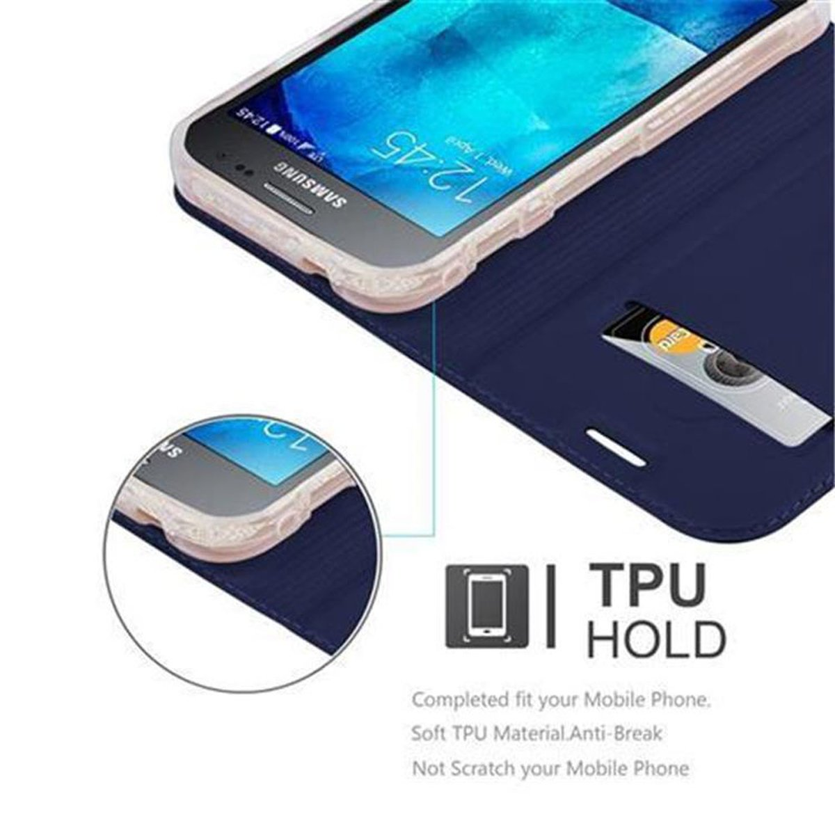 Custodia per telefono blu scuro con un telefono all'interno e uno slot per schede. Testo: supporto TPU, vestibilità completa, materiale morbido.