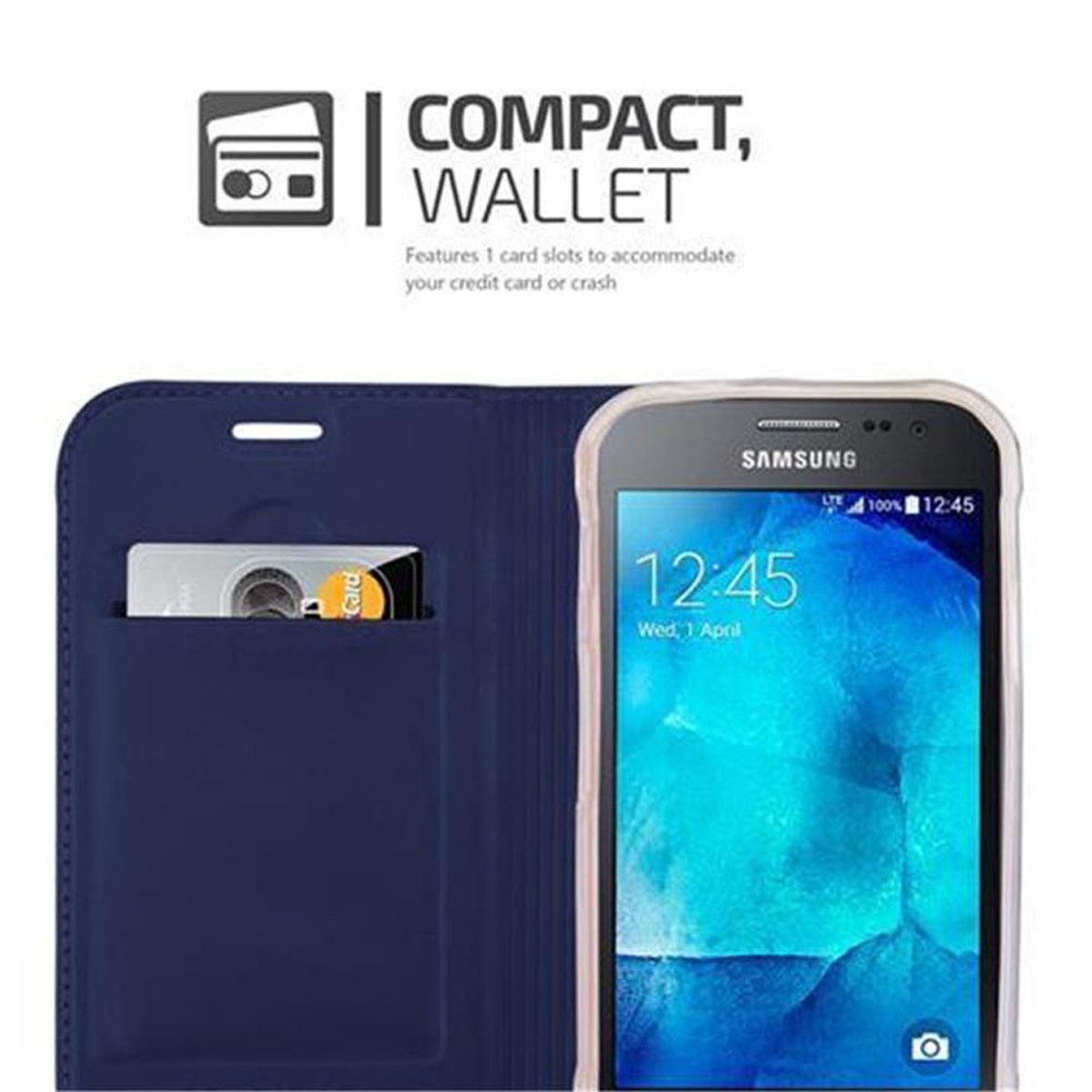 Custodia per telefono blu navy aperta con telefono e carta. Testo: COMPATTO, PORTAFOGLIO.