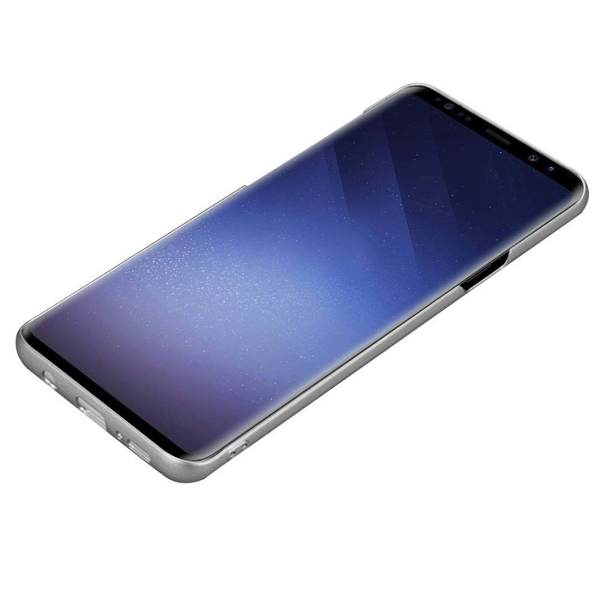Eine silberne Handyhülle mit einem Telefon. Der Telefonbildschirm hat einen blauen und violetten Farbverlauf.