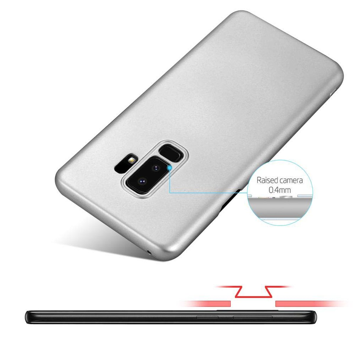 Silberne Handyhülle mit Kamera. Zeigt Kameradetails. Der Text lautet 'Raised camera 0,4 mm'.