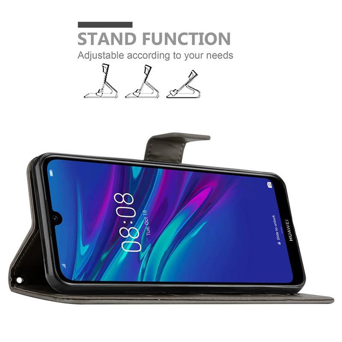 Un telefono in una custodia scura con la funzione stand nell'angolo in alto a sinistra.