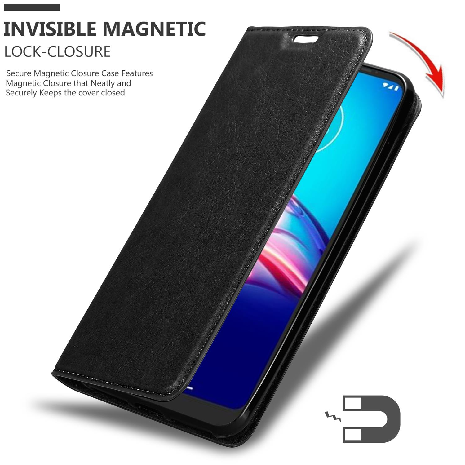 Custodia nera con coperchio aperto, che mostra un telefono con schermo blu. Chiusura magnetica visibile.