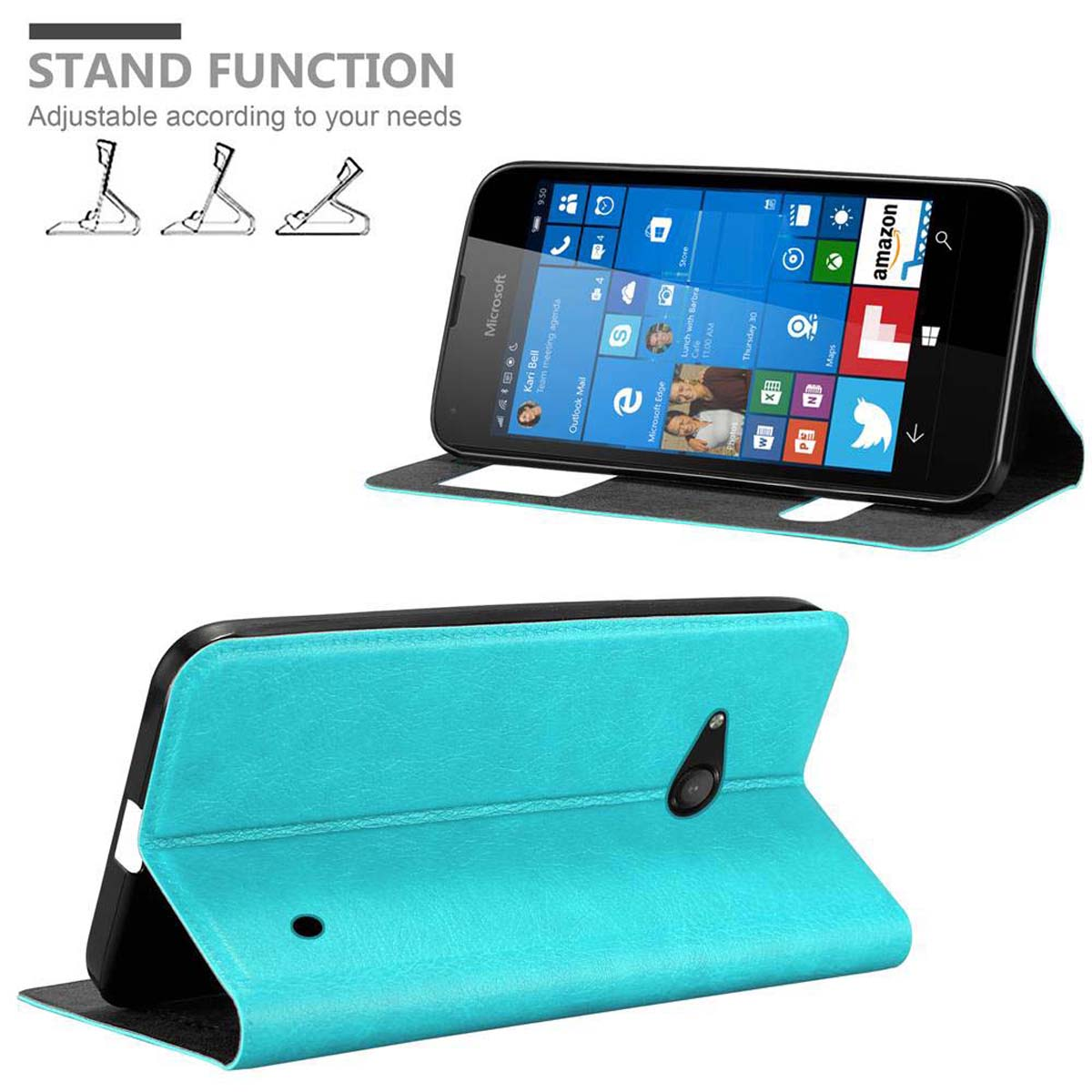 Custodia per telefono con telefono e funzione stand. Il telefono mostra l'ora. Custodia turchese con telefono nero e stand.