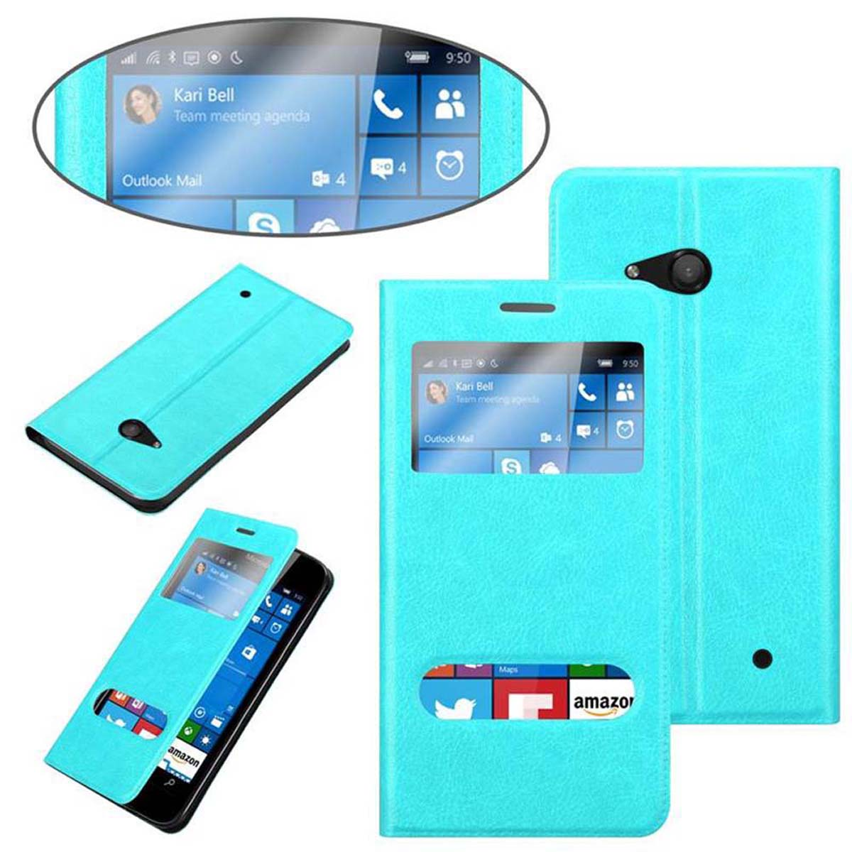 Custodia blu con telefono. Multiple visualizzazioni della custodia e schermo del telefono visibile.