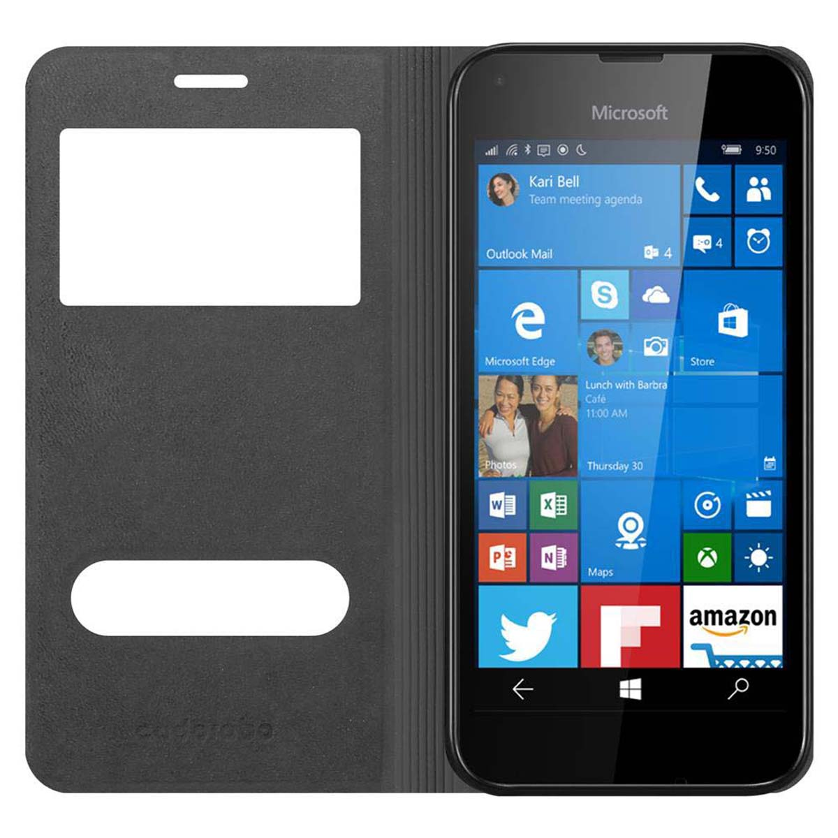 Smartphone nero in custodia nera aperta, mostra l'interfaccia utente con icone delle app.