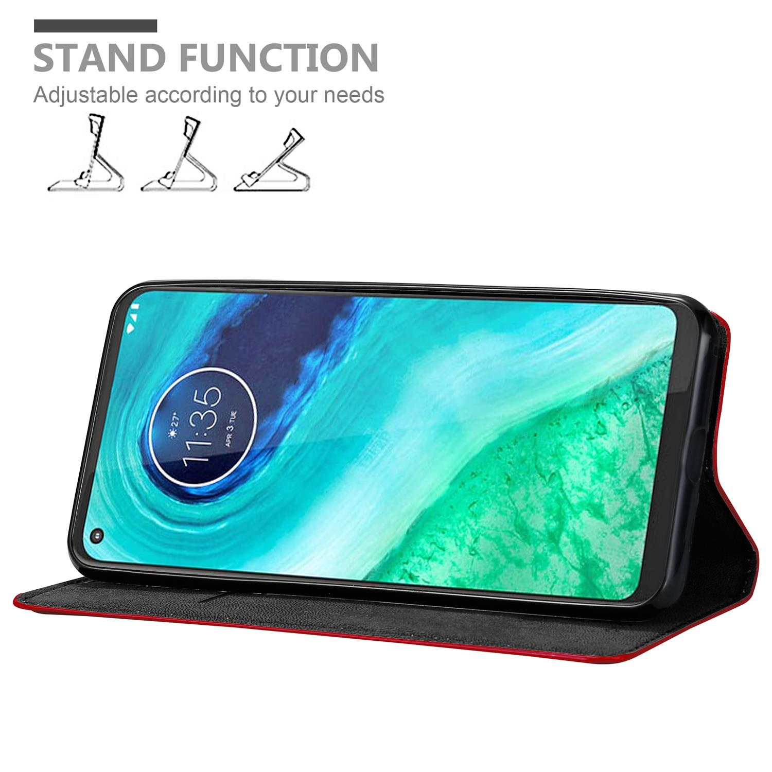 Uno smartphone in una custodia rossa è aperto e in piedi. Lo schermo mostra un orologio.