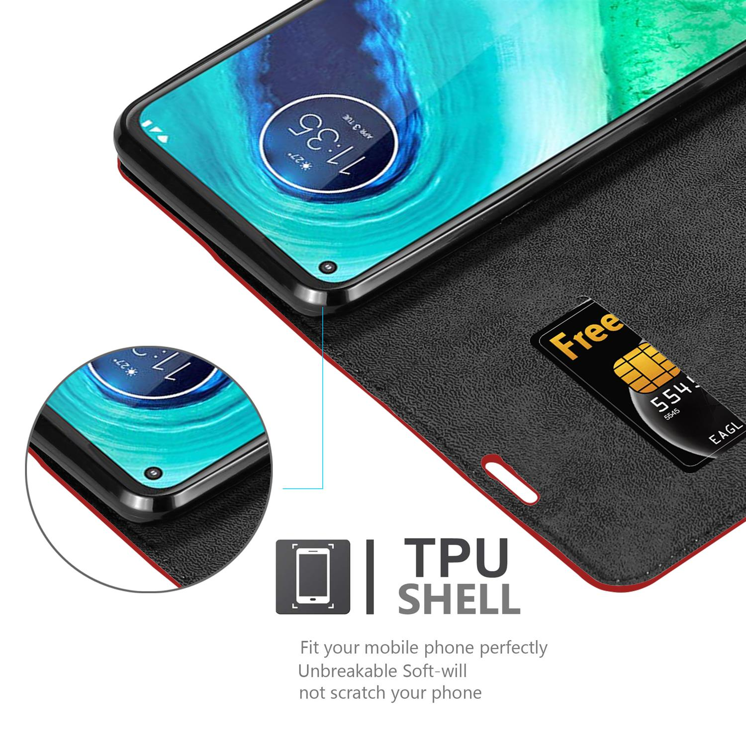 Custodia per telefono nera e rossa aperta. Il telefono è visibile. Scheda SIM gratuita con la custodia.