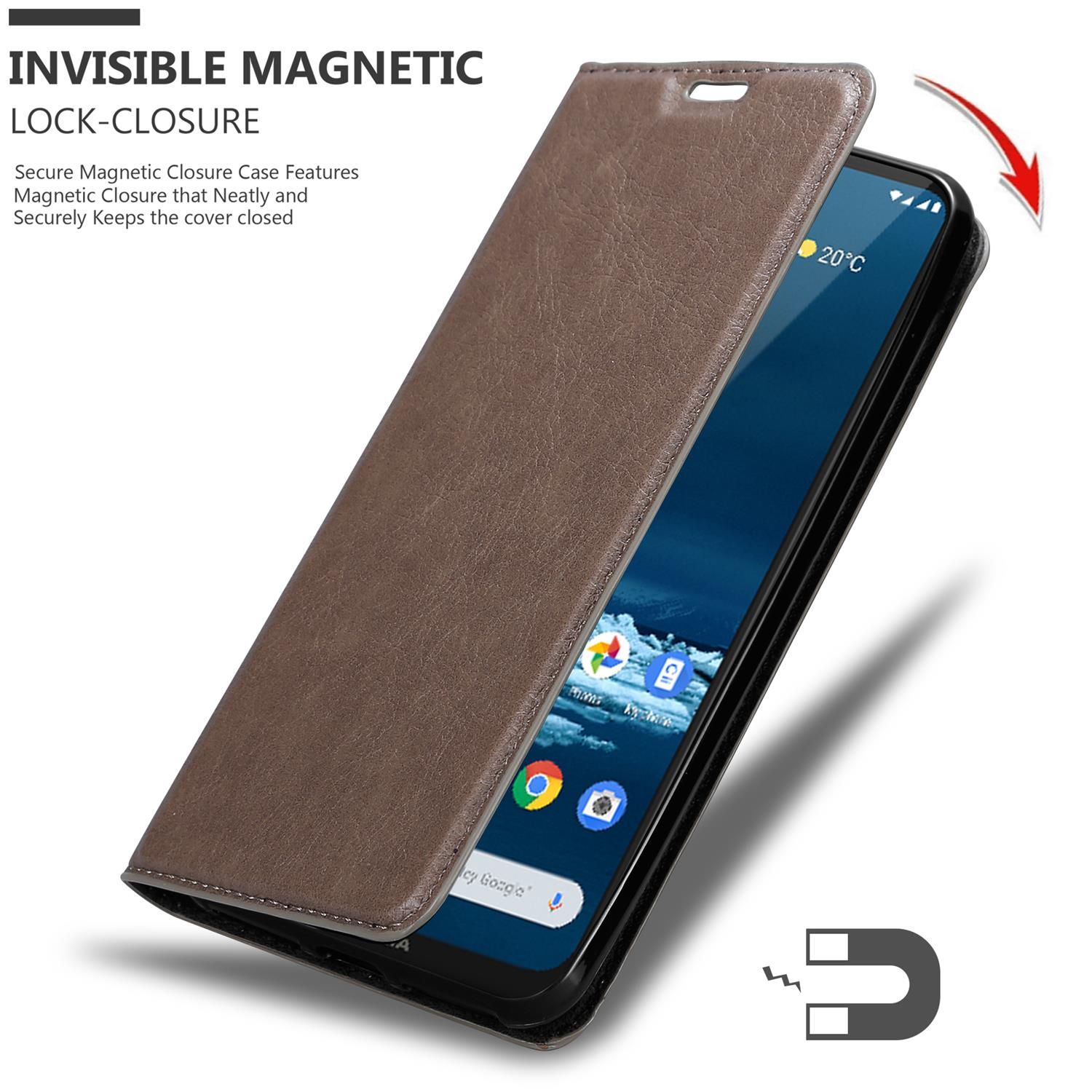 Braune Handyhülle, offen. Text: INVISIBLE MAGNETIC LOCK-CLOSURE. Telefon mit Apps.