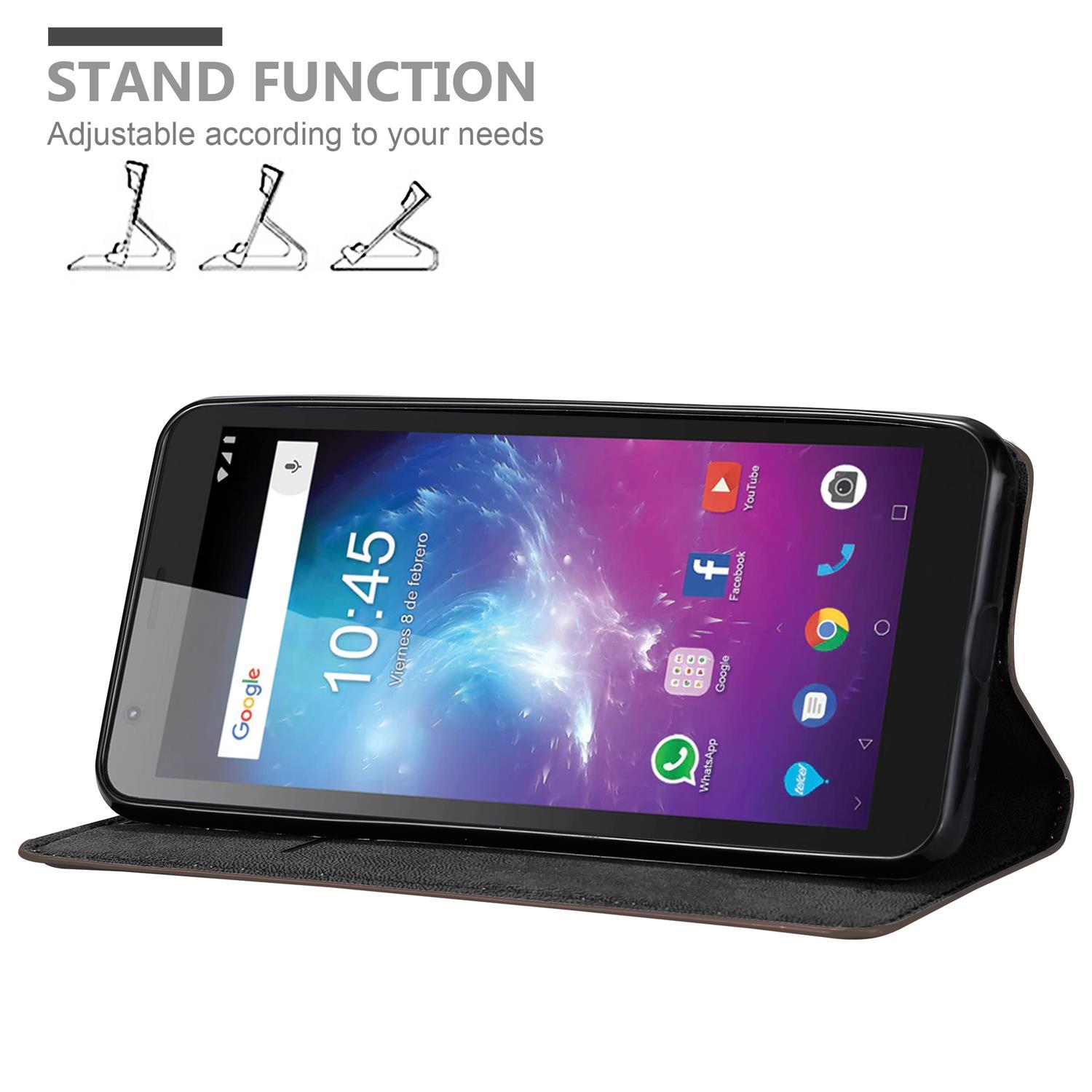 Telefon in brauner Hülle, offen, auf Ständer mit Ständer-Illustrationen.