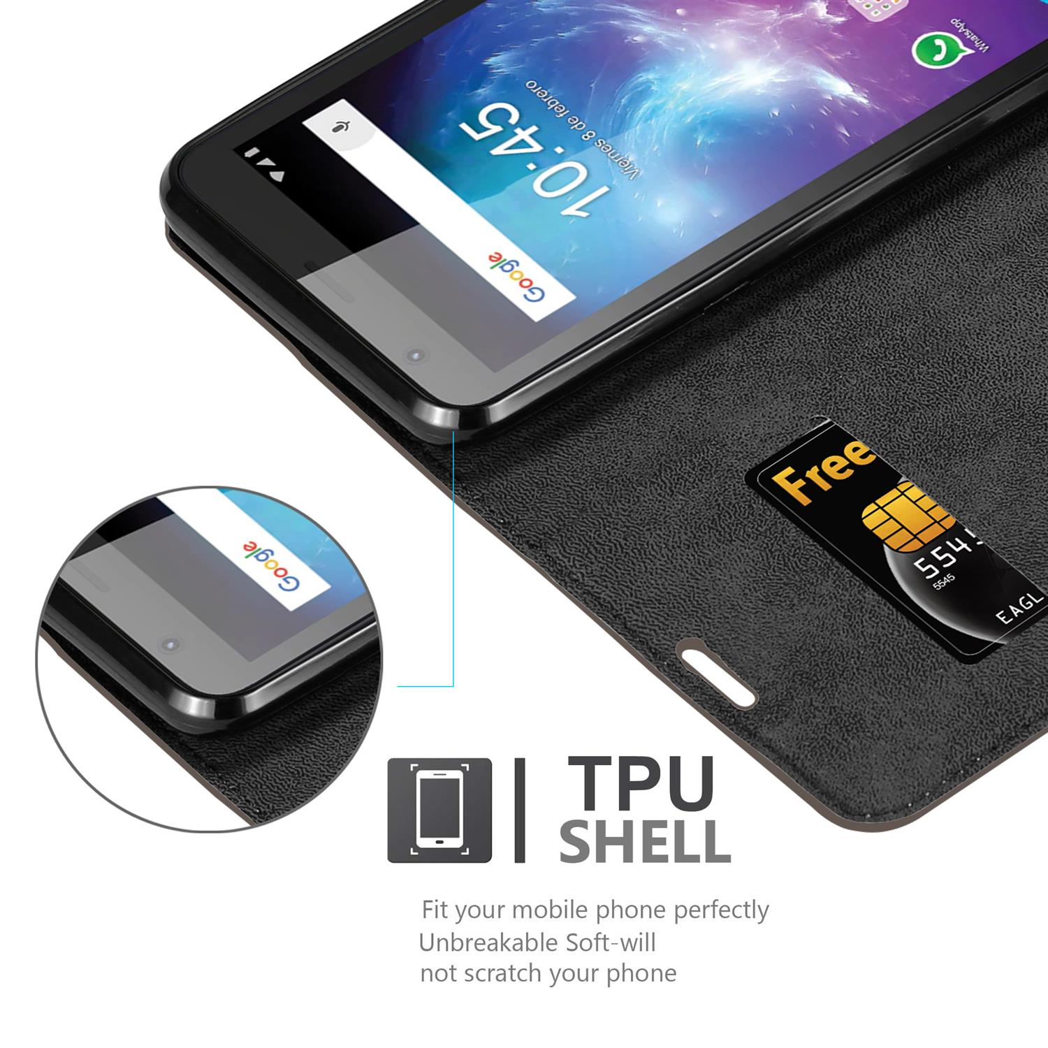 Schwarzes Telefon in schwarzem Gehäuse, Nahaufnahme. Eine SIM-Karte ist eingesetzt.