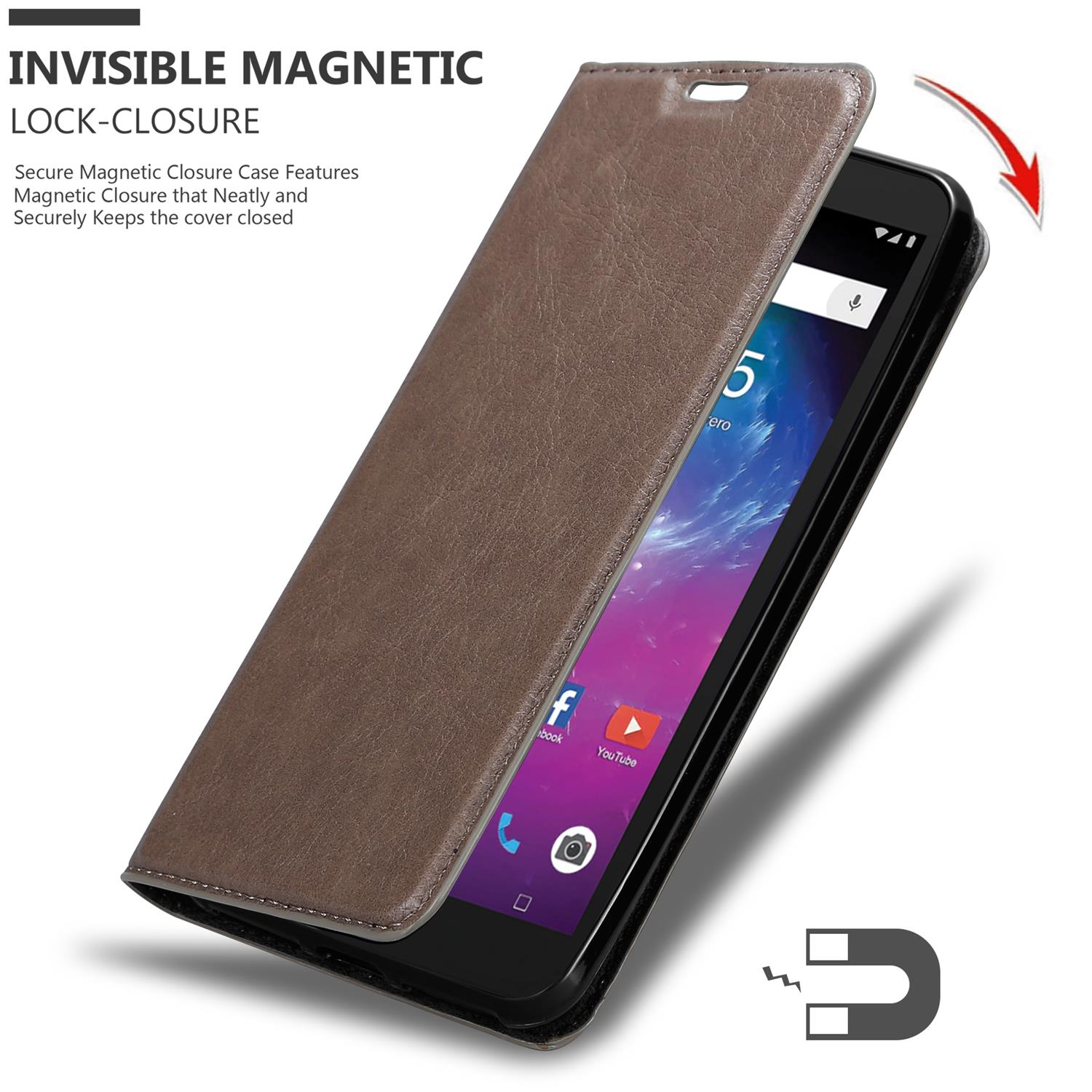 Eine braune Handyhülle mit einem Telefon darin. Die Hülle ist teilweise geöffnet und zeigt den Bildschirm des Telefons.