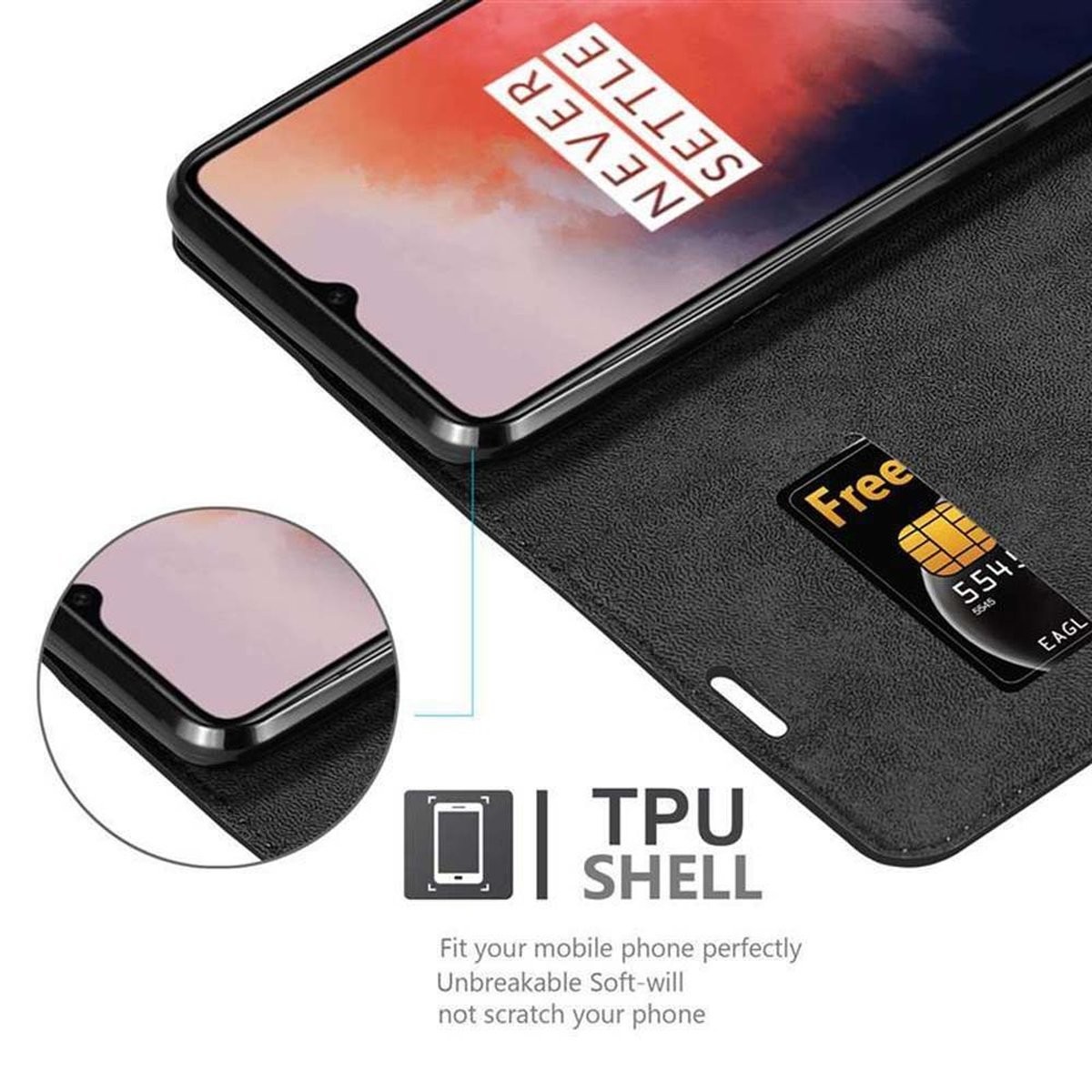 Custodia nera aperta, telefono e carta. Testo: TPU SHELL. Carta con "Free".