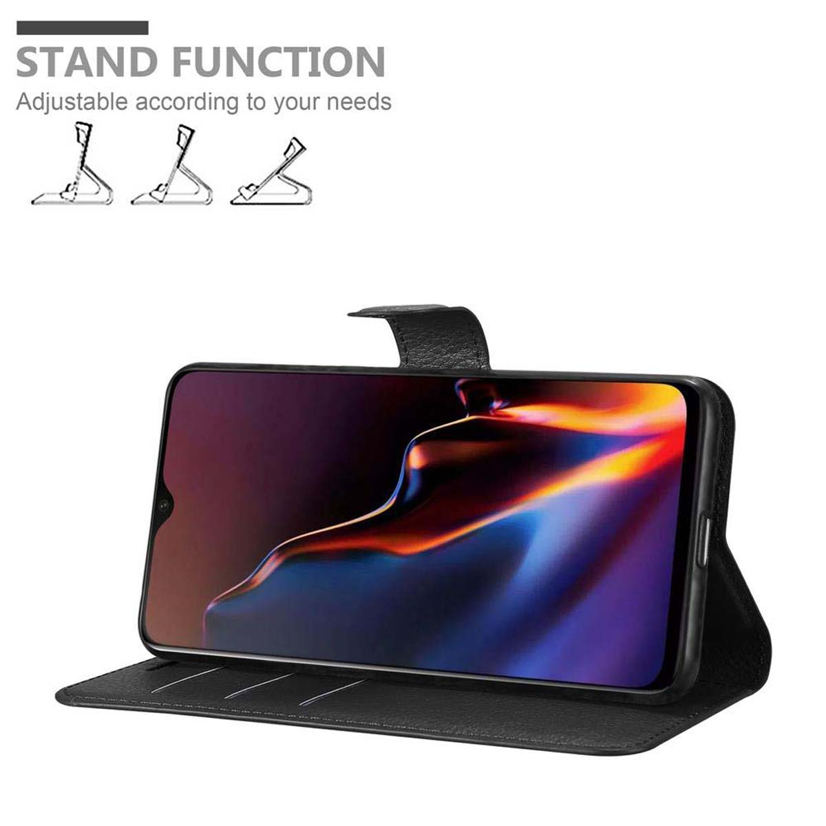 Schwarzes Telefon in schwarzem Etui, als Ständer aufgestellt. Ständerfunktionszeichen sind abgebildet.