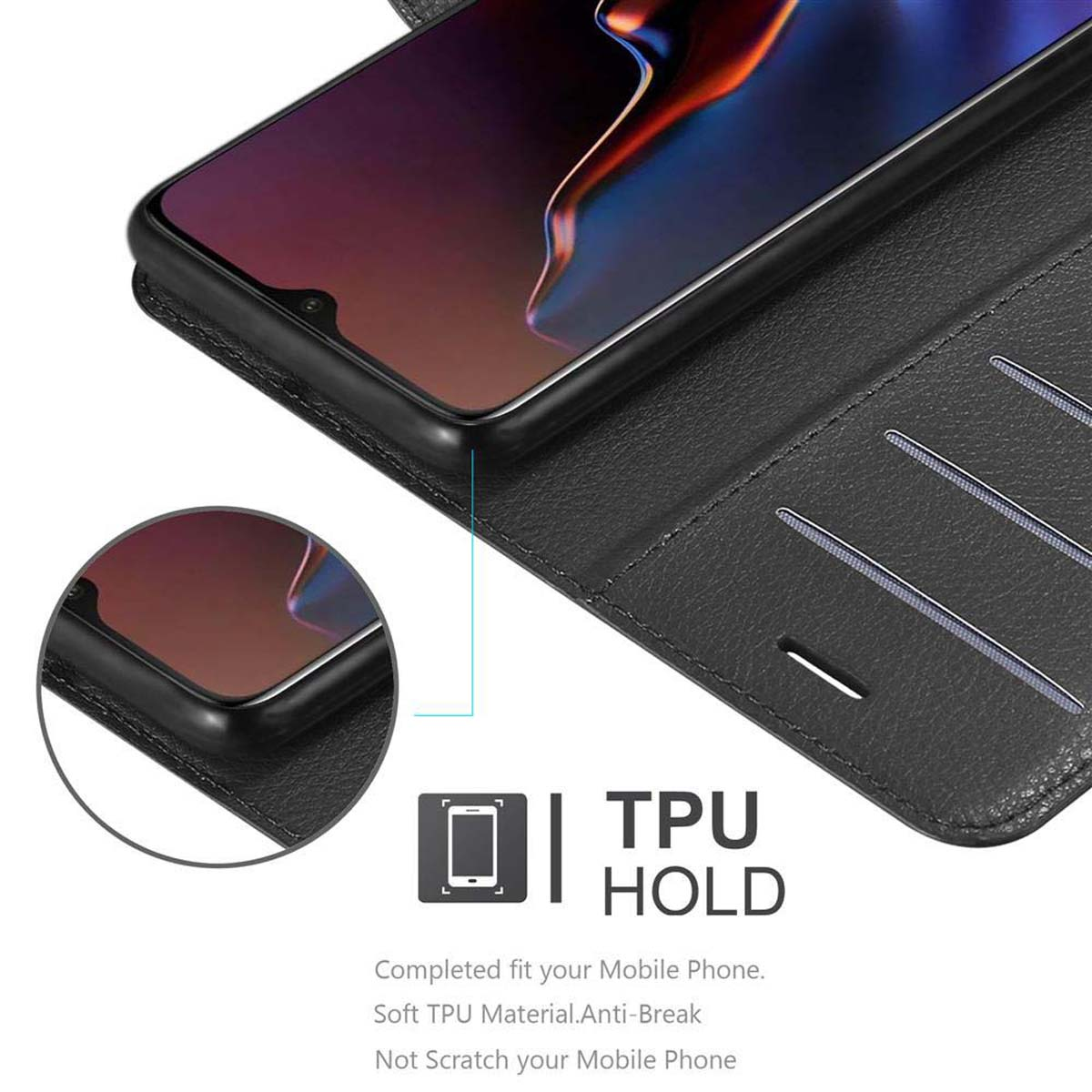Schwarze Handyhülle mit Telefon darin. Text: TPU-Halterung.