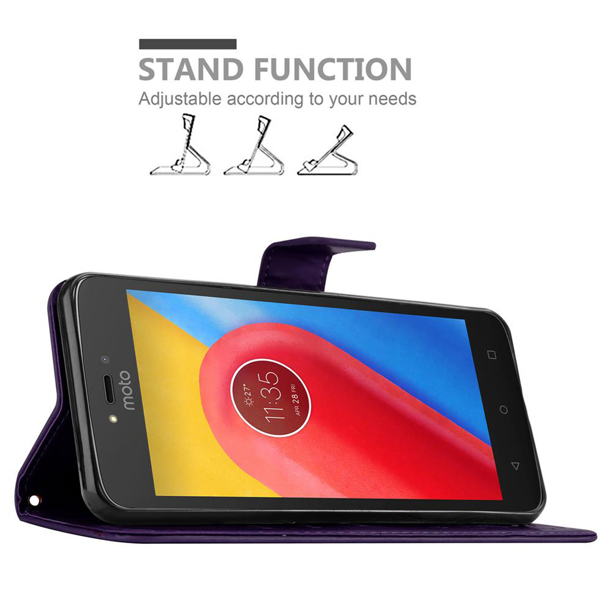 Custodia viola con telefono rialzato. Testo: Funzione supporto, regolabile.
