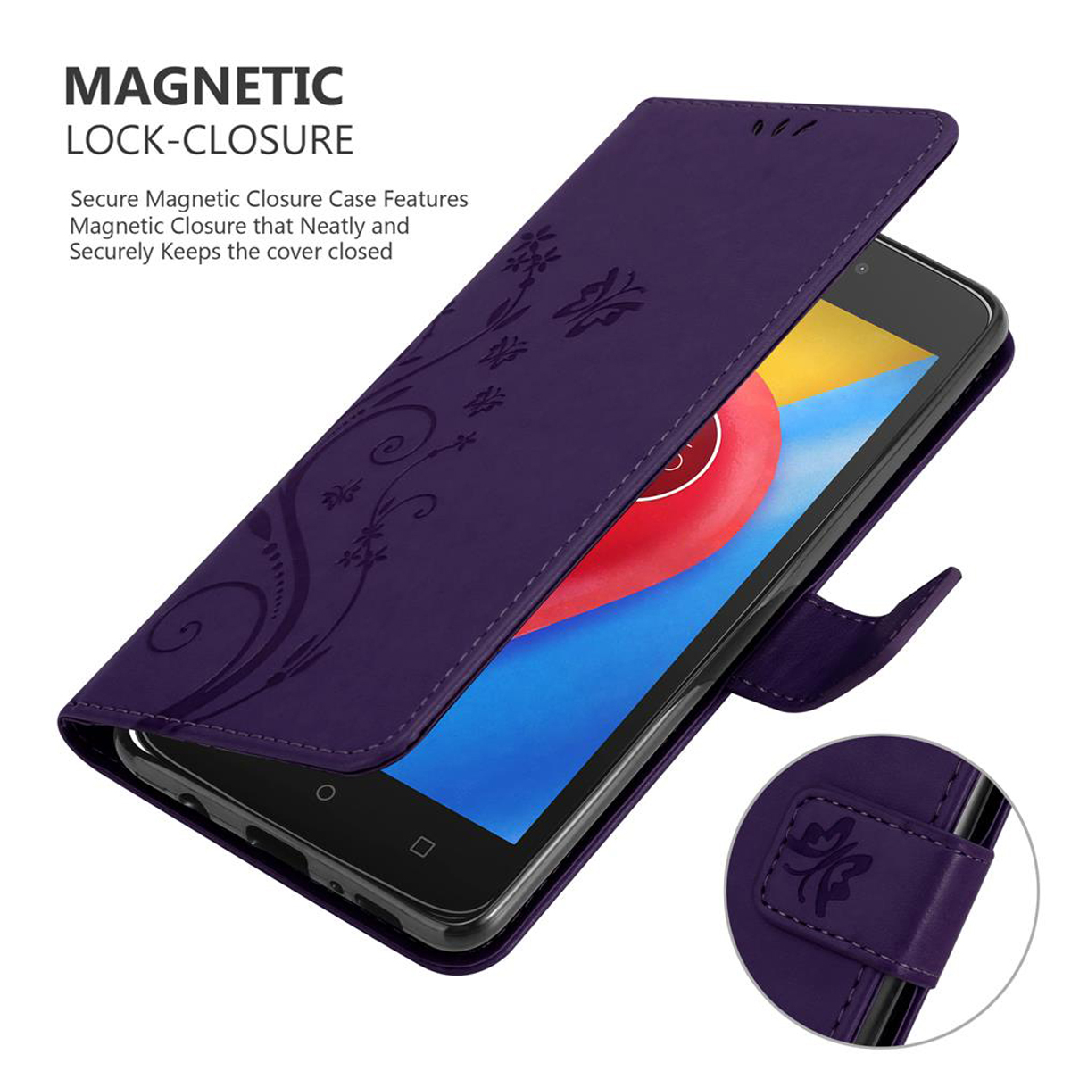 Custodia viola per telefono aperta con design floreale. Il telefono all'interno mostra uno schermo. Chiusura magnetica.