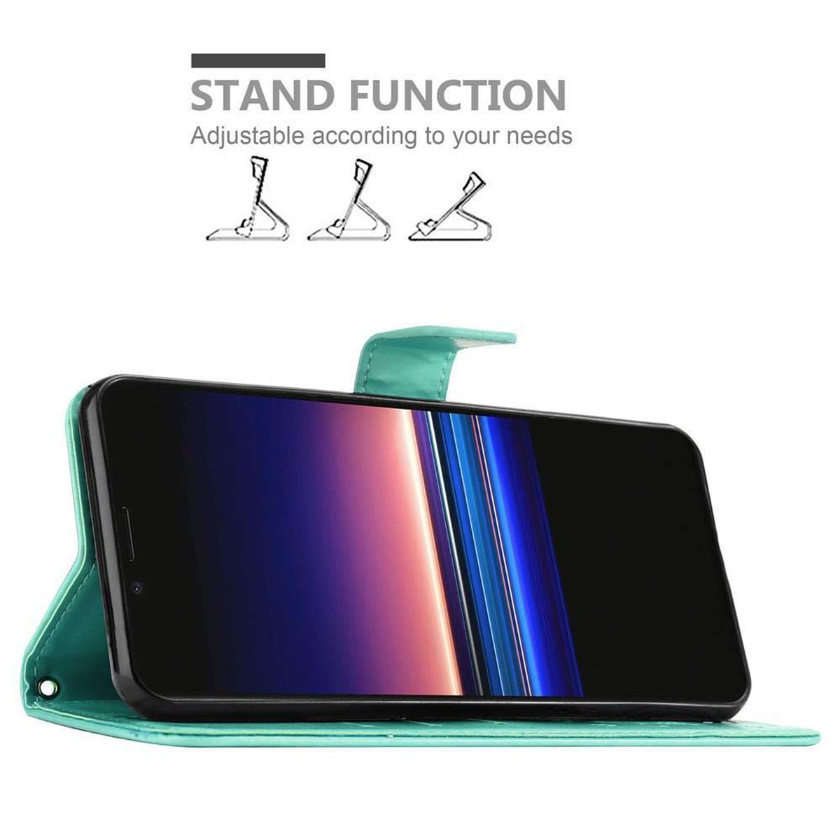 Una custodia per telefono color teal con un telefono all'interno, in piedi. Funzione supporto.