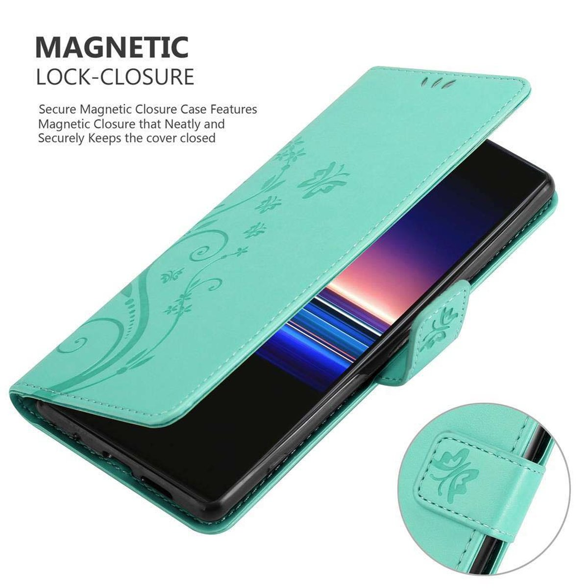 Custodia per telefono verde acqua, aperta. Un telefono è all'interno. La custodia ha un design floreale e chiusura magnetica.