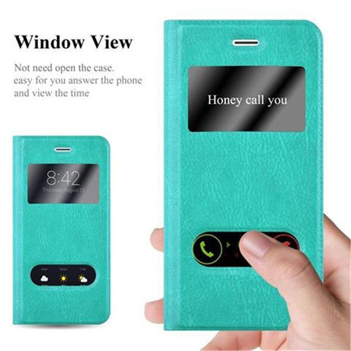 Custodia per telefono verde acqua, con vista finestra, con un telefono che mostra un orologio.