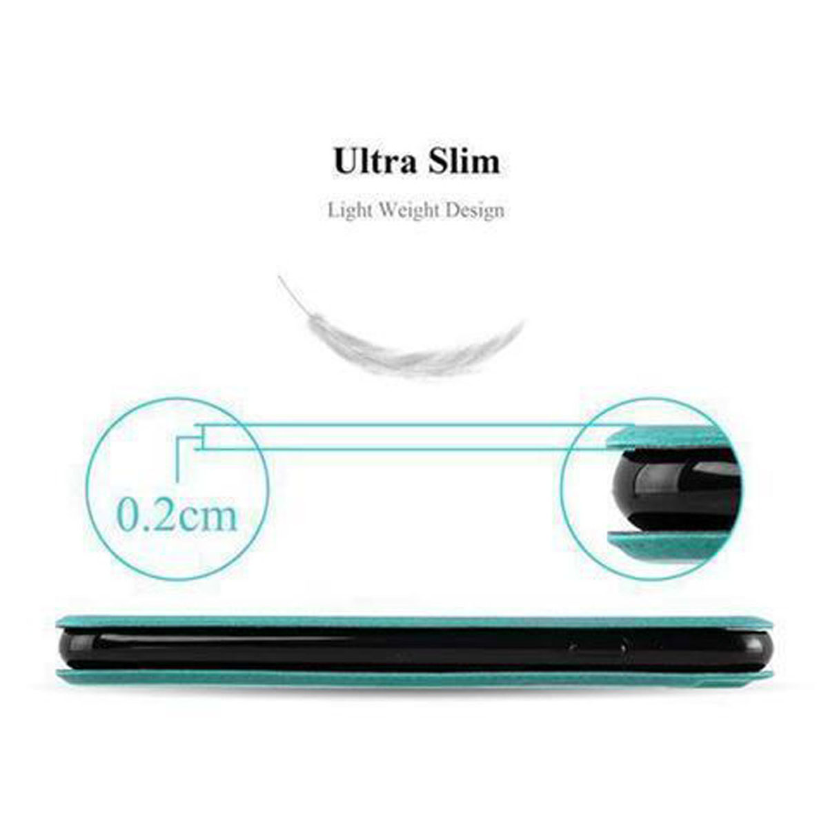 Custodia ultra sottile, che mostra lo spessore di 0,2 cm, con un'icona di piuma.
