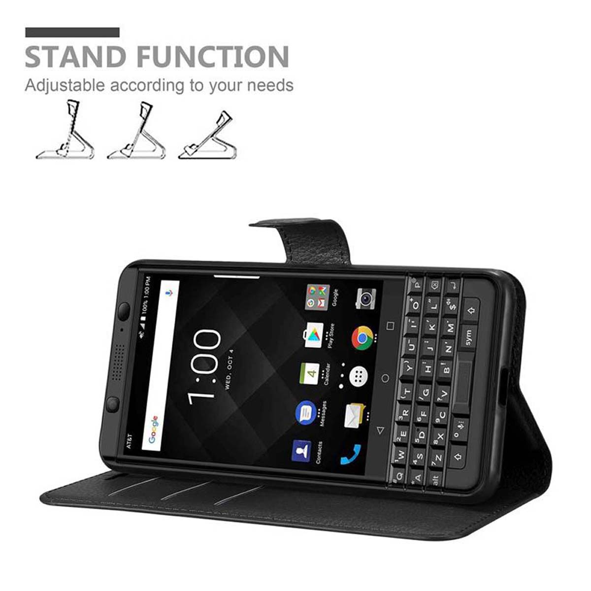 Schwarze Handyhülle, offen, mit einem Telefon darin. Das Telefon ist zum Betrachten hochgestellt. Der Bildschirm zeigt Text.