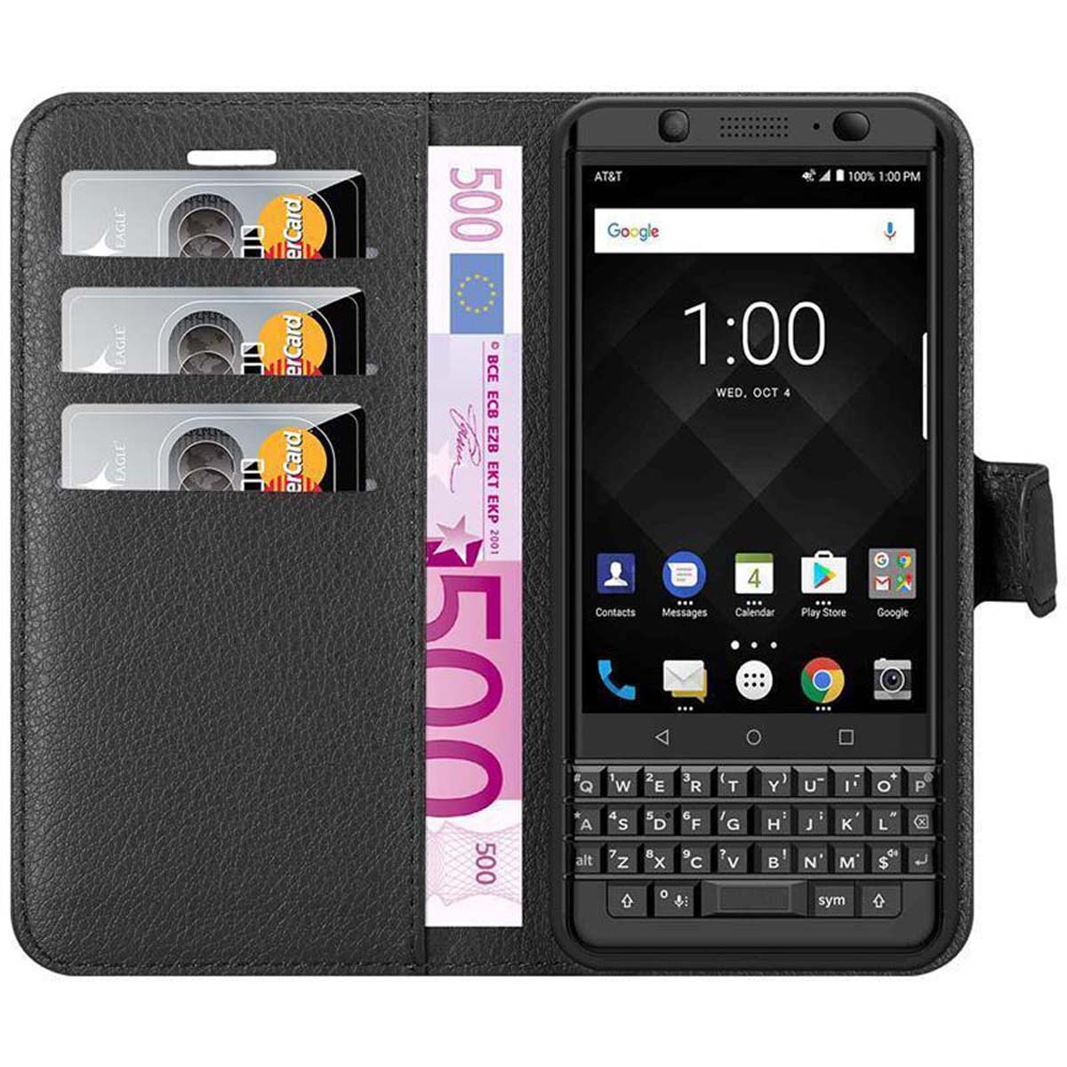 Schwarze Handyhülle geöffnet, das Telefon mit Zeitanzeige, Kreditkarten und Geld zeigend, mit Text.