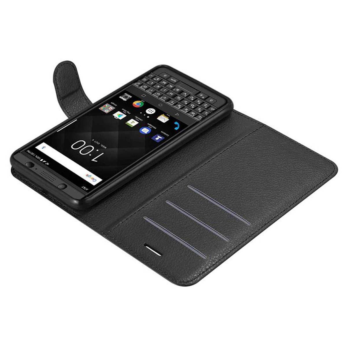 Ein schwarzes Telefon in einer schwarzen Brieftasche. Der Bildschirm des Telefons ist eingeschaltet.