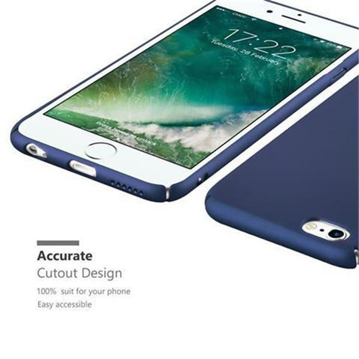 Telefono blu con custodia blu. Lo schermo mostra una pagina web. La custodia è a destra e ha una fotocamera.