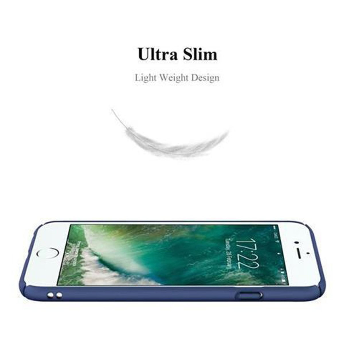 Telefono bianco e blu con lo schermo che mostra un orologio.