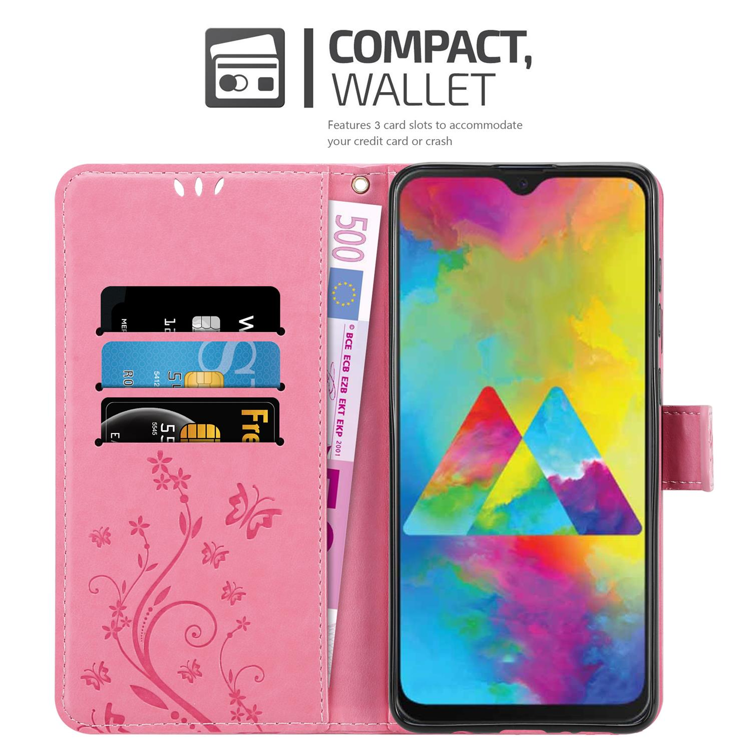 Custodia rosa aperta, con carte e telefono. Decorata con fiori.