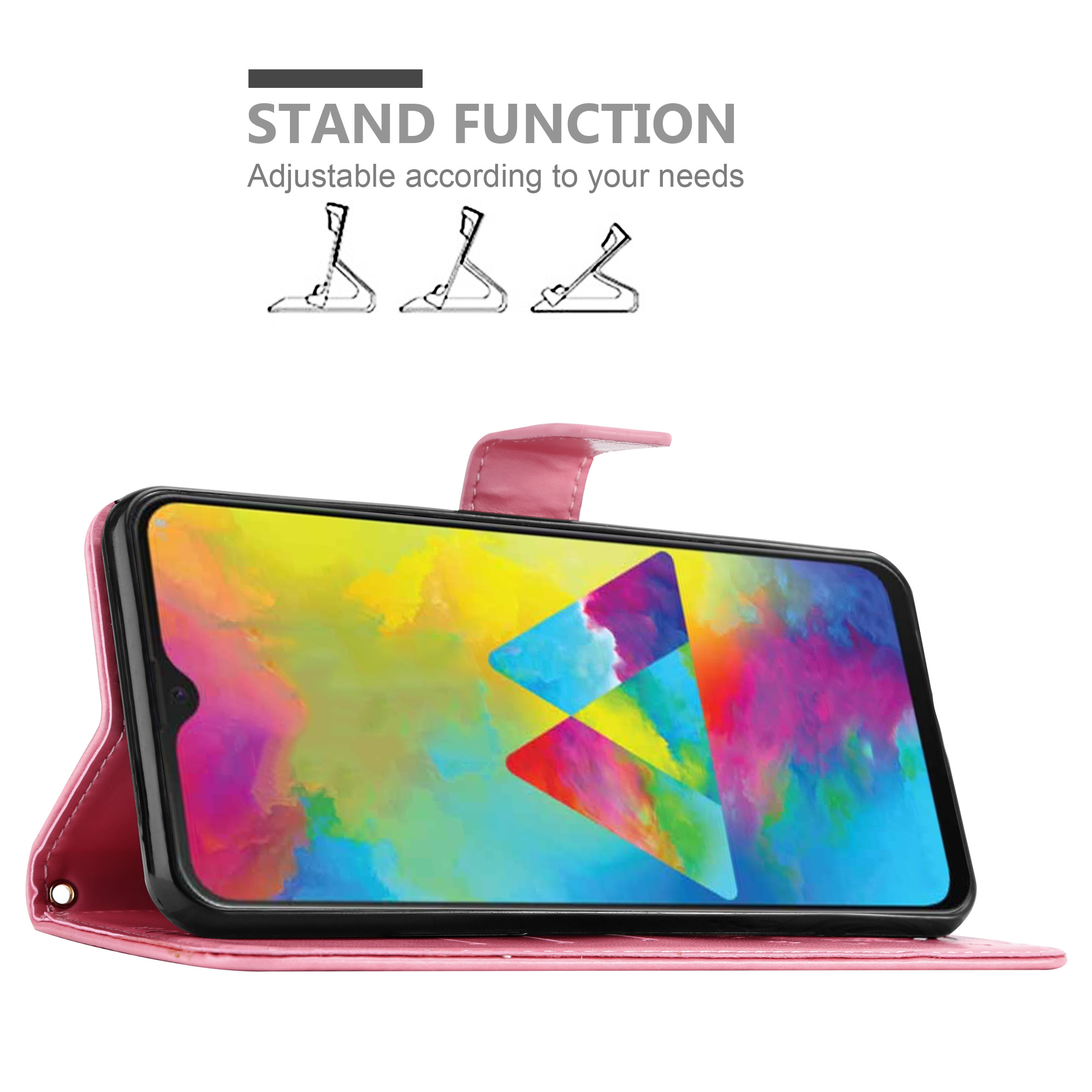 Custodia rosa con telefono che mostra display colorato. Testo: 'STAND FUNCTION', diagrammi supporto.