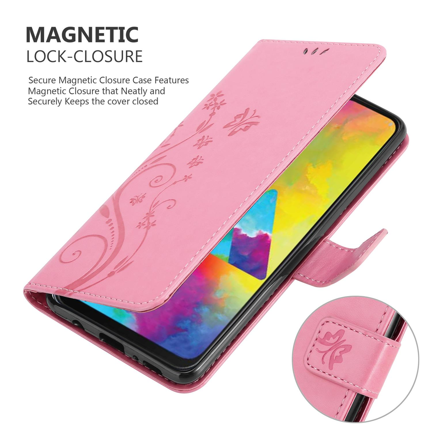 Una custodia rosa per telefono con disegni floreali si apre per rivelare lo schermo di un telefono. È visibile un piccolo fermaglio.