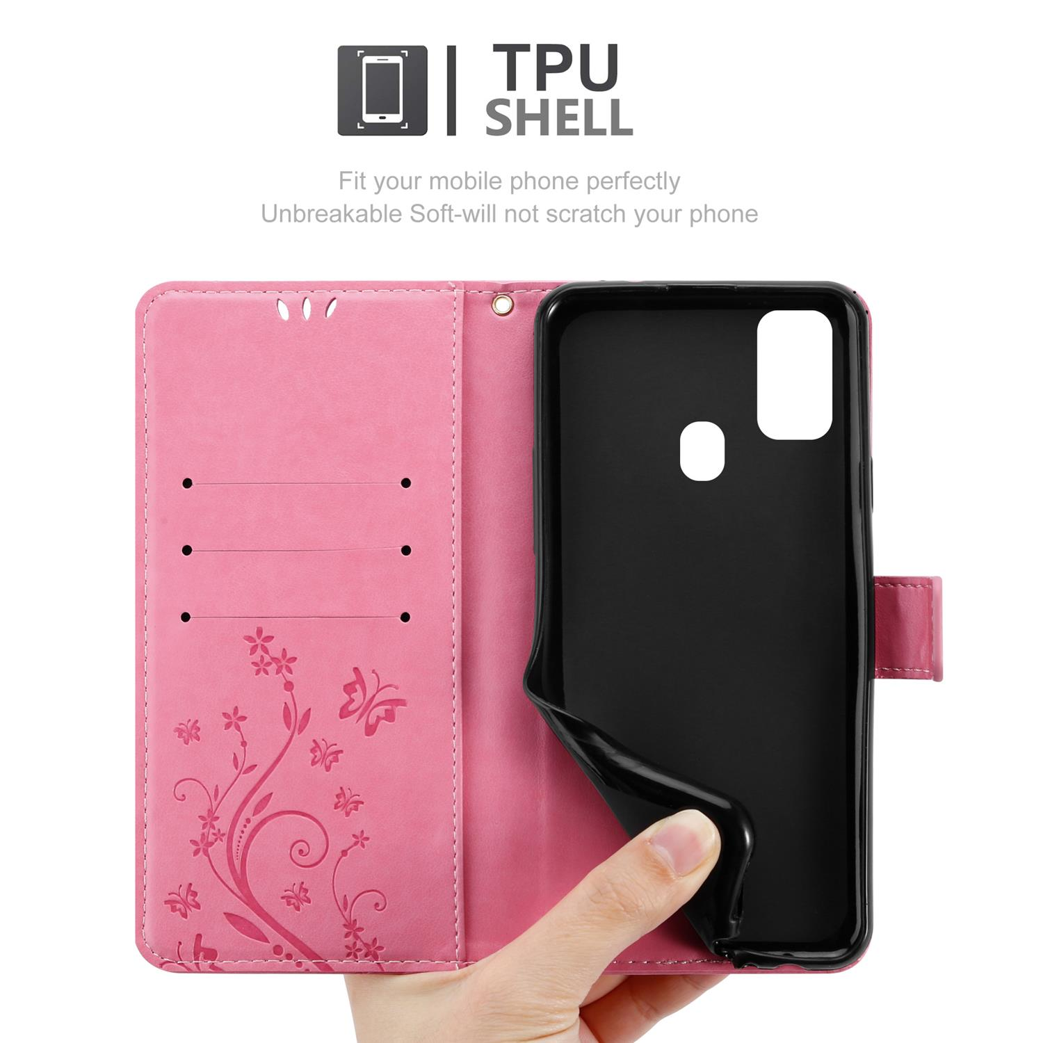 Custodia rosa per telefono con tasche interne e una mano che tiene un telefono all'interno.