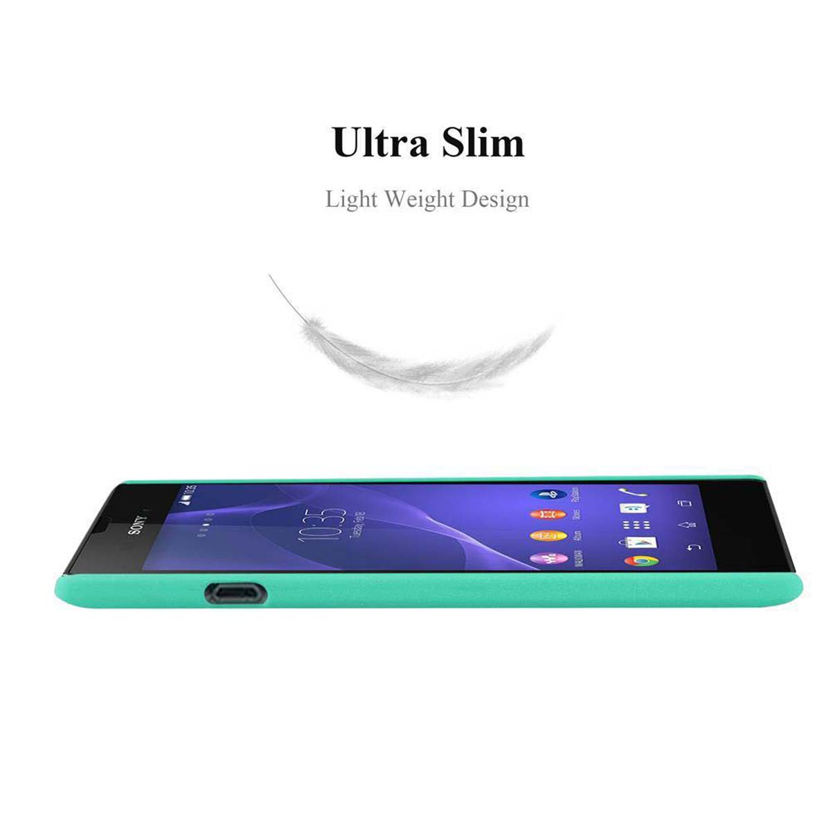 Ein türkisfarbenes Telefon liegt auf einer weißen Oberfläche. Oben steht 'Ultra Slim, Light Weight Design'.
