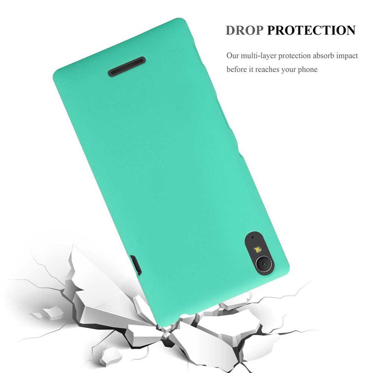 Eine türkisfarbene Handyhülle liegt auf rissigem Boden. Text: Drop Protection. Die Hülle ist türkis und zeigt eine Kamera.