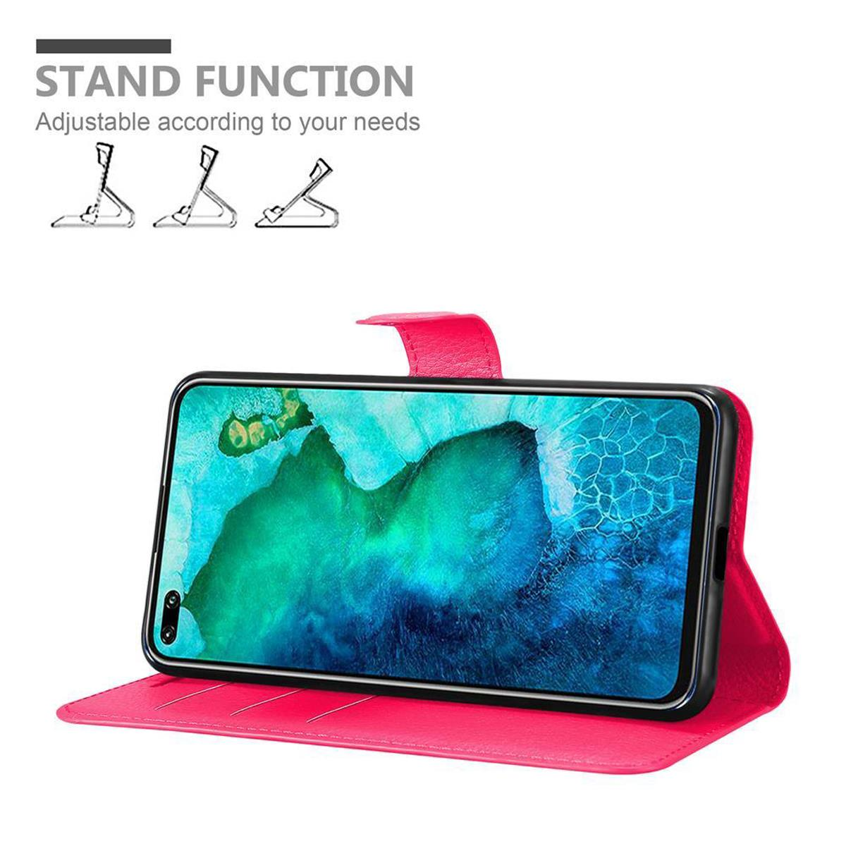 Custodia rosa per telefono con un telefono all'interno, aperta. Mostra la funzione stand. Lo sfondo è bianco.