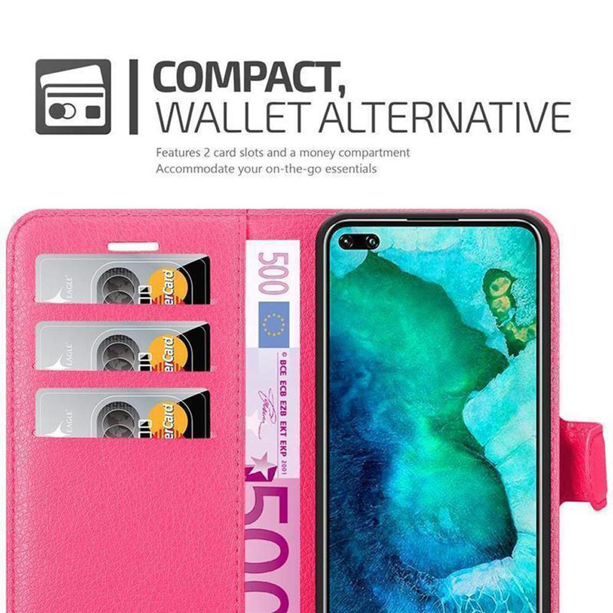 Custodia rosa, aperta, con telefono e carte. Alternativa portafoglio.
