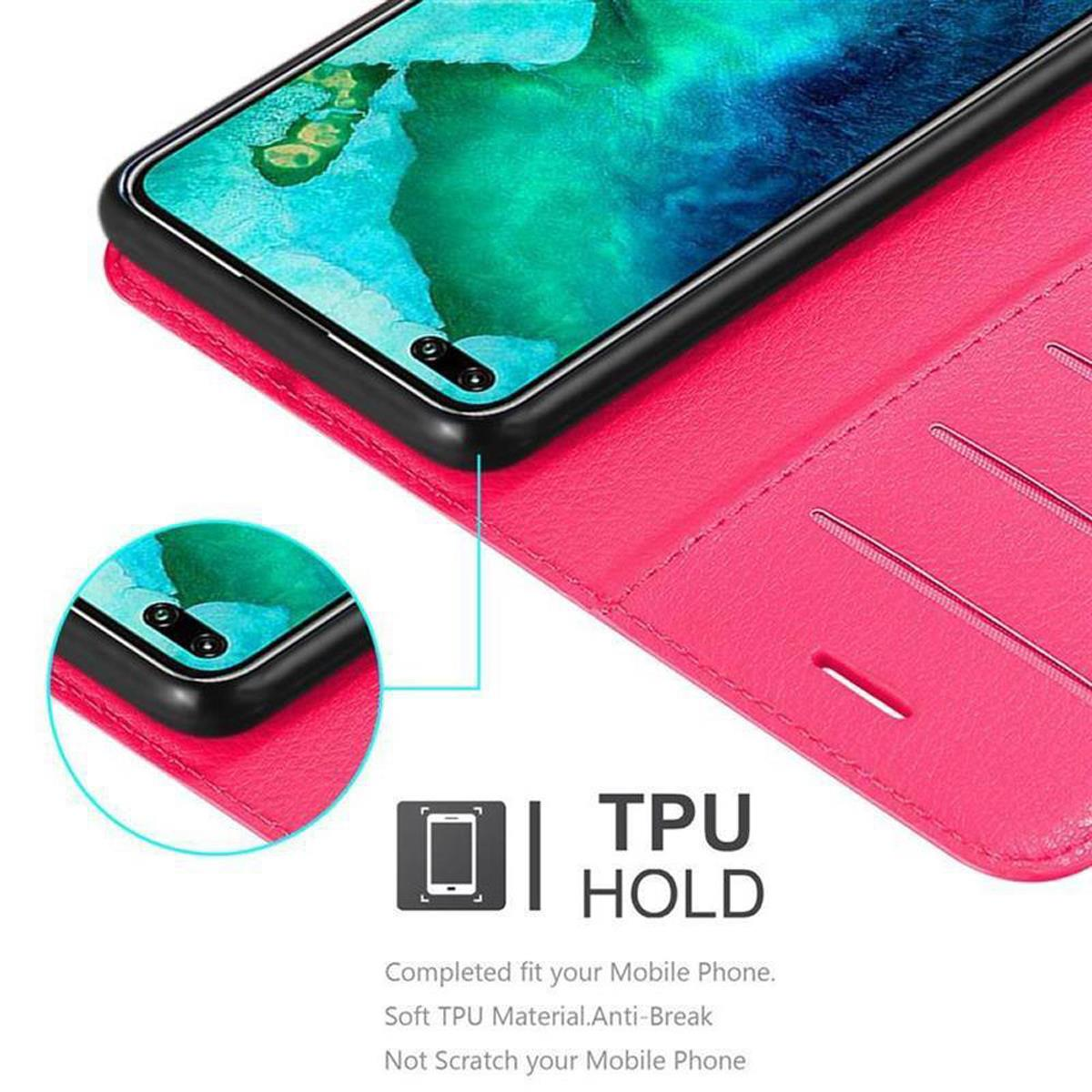 Custodia rosa con telefono dentro. Lo schermo è visibile.