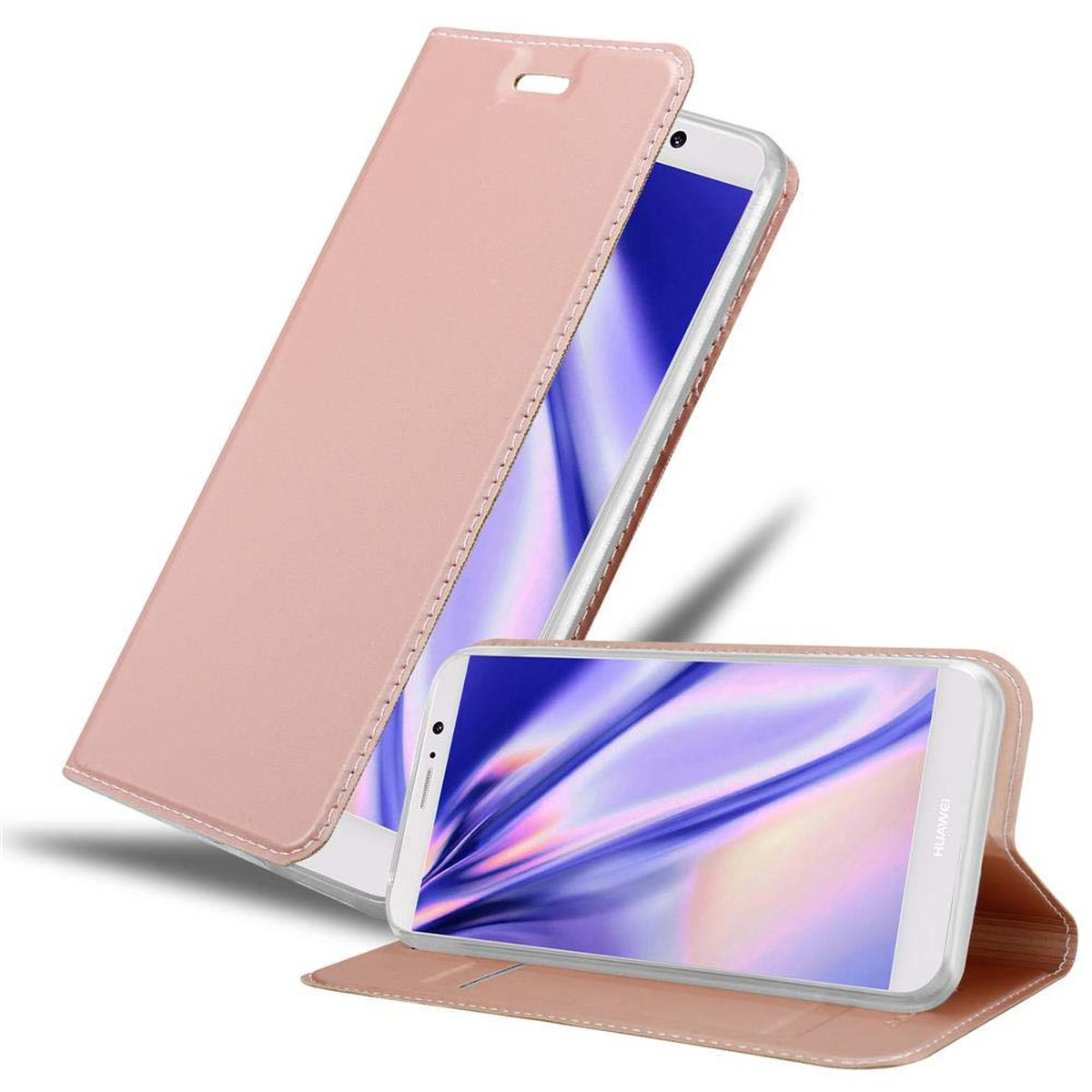 Funda rosa para teléfono con un teléfono dentro, la tapa está abierta. El teléfono tiene un marco blanco.