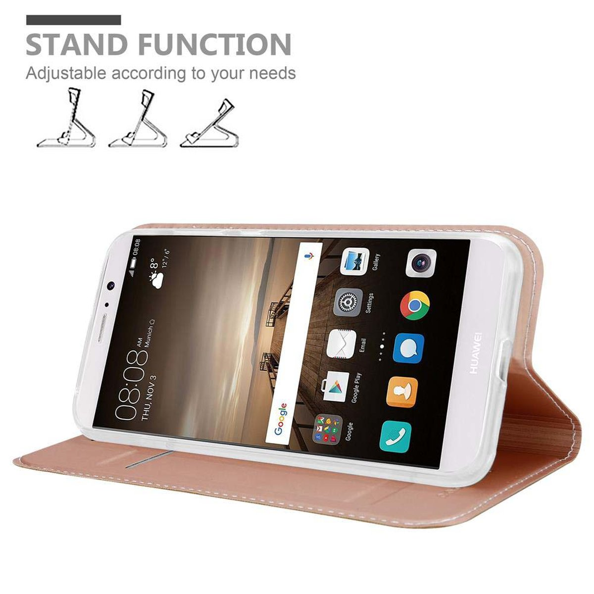 Un teléfono en una funda rosa está de pie. La funda está abierta y en función de soporte.