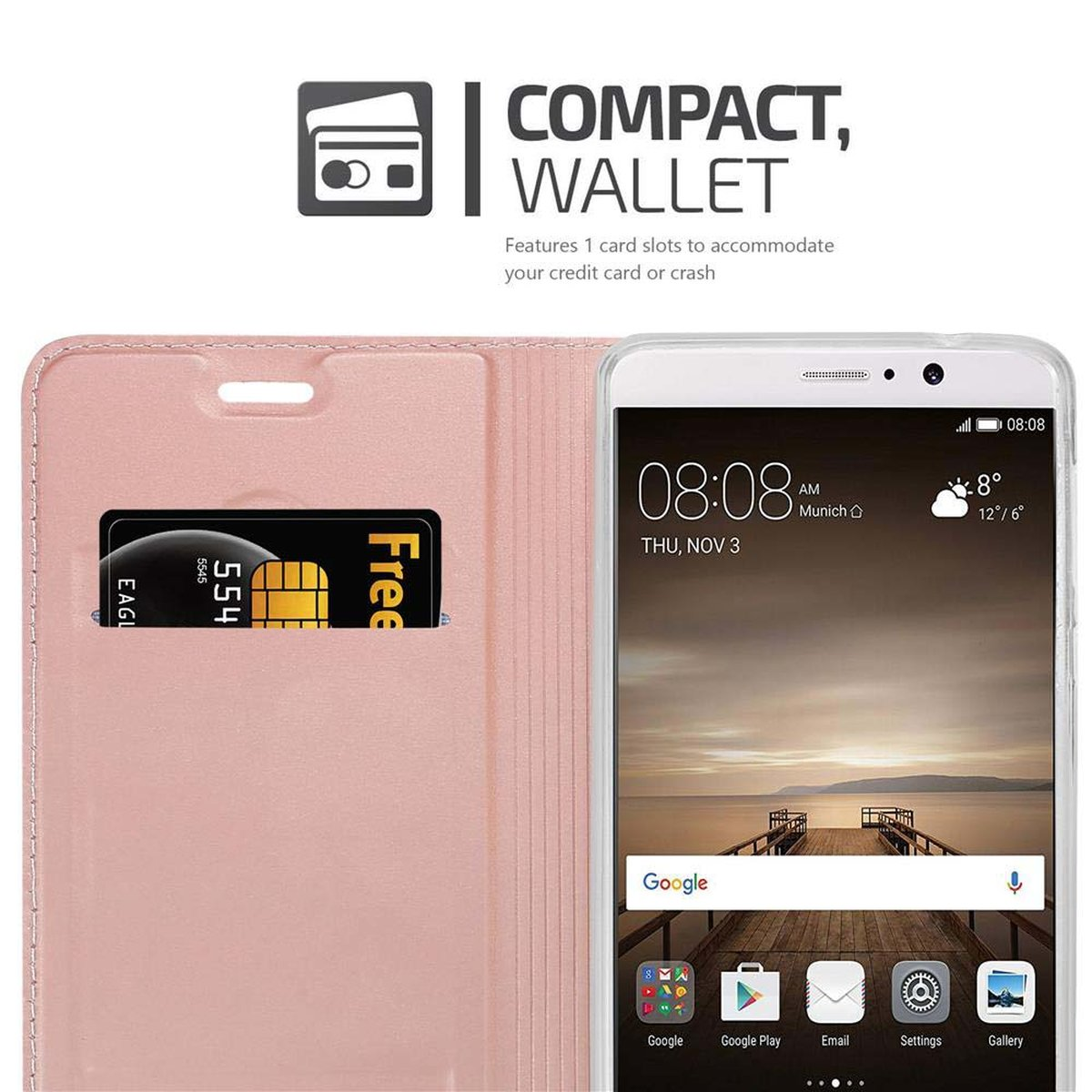 Funda de teléfono rosa abierta, mostrando teléfono con tarjetas y hora. Texto: Cartera compacta.